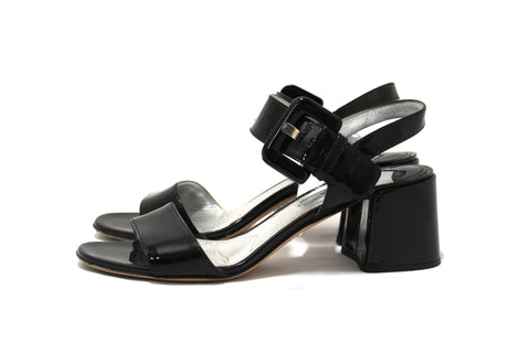 Authentic Prada Black Patent Leather Block Heel Ankle Strap Slingblack Sandal Size 38.5
