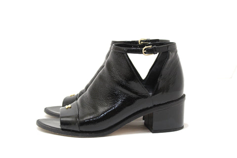Authentic Chanel Black Patent Leather Peep Toe Short Ankle Boots 38.5