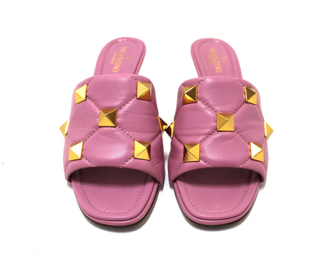 Authentic Valentino Garavani Pink Leather Roman Stud Quilted Slide Heel Size 38.5