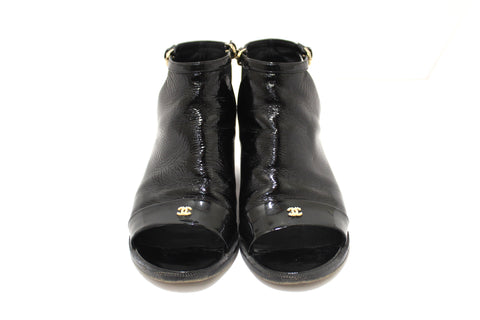 Authentic Chanel Black Patent Leather Peep Toe Short Ankle Boots 38.5