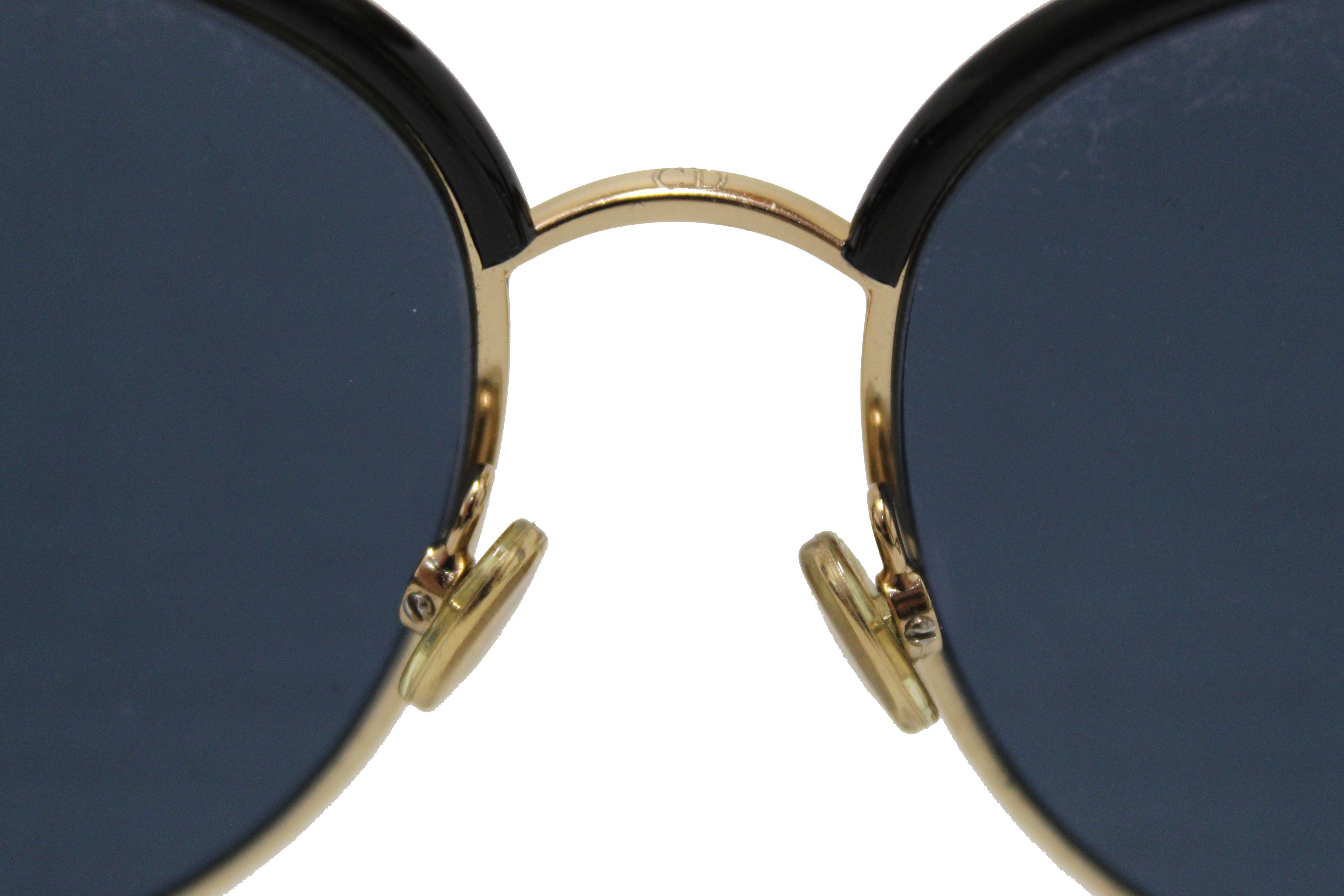 Authentic Dior Black Acetate and Gold Round Framed Sunglasses