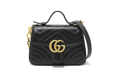Authentic Gucci Black Leather GG Marmont Mini Top Handle Bag