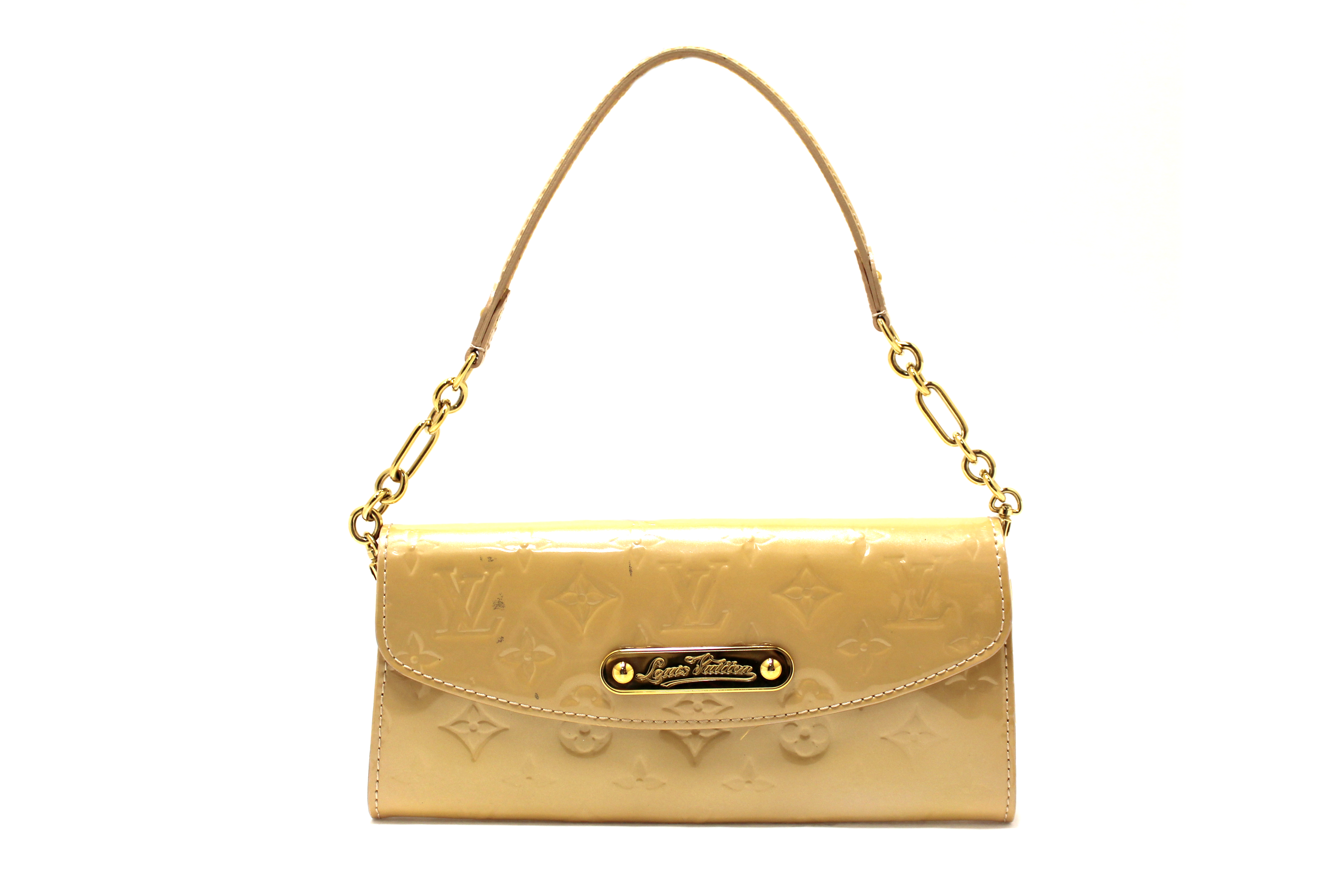 Authentic Louis Vuitton Vernis Monogram Beige Sunset Boulevard Clutch Shoulder Bag