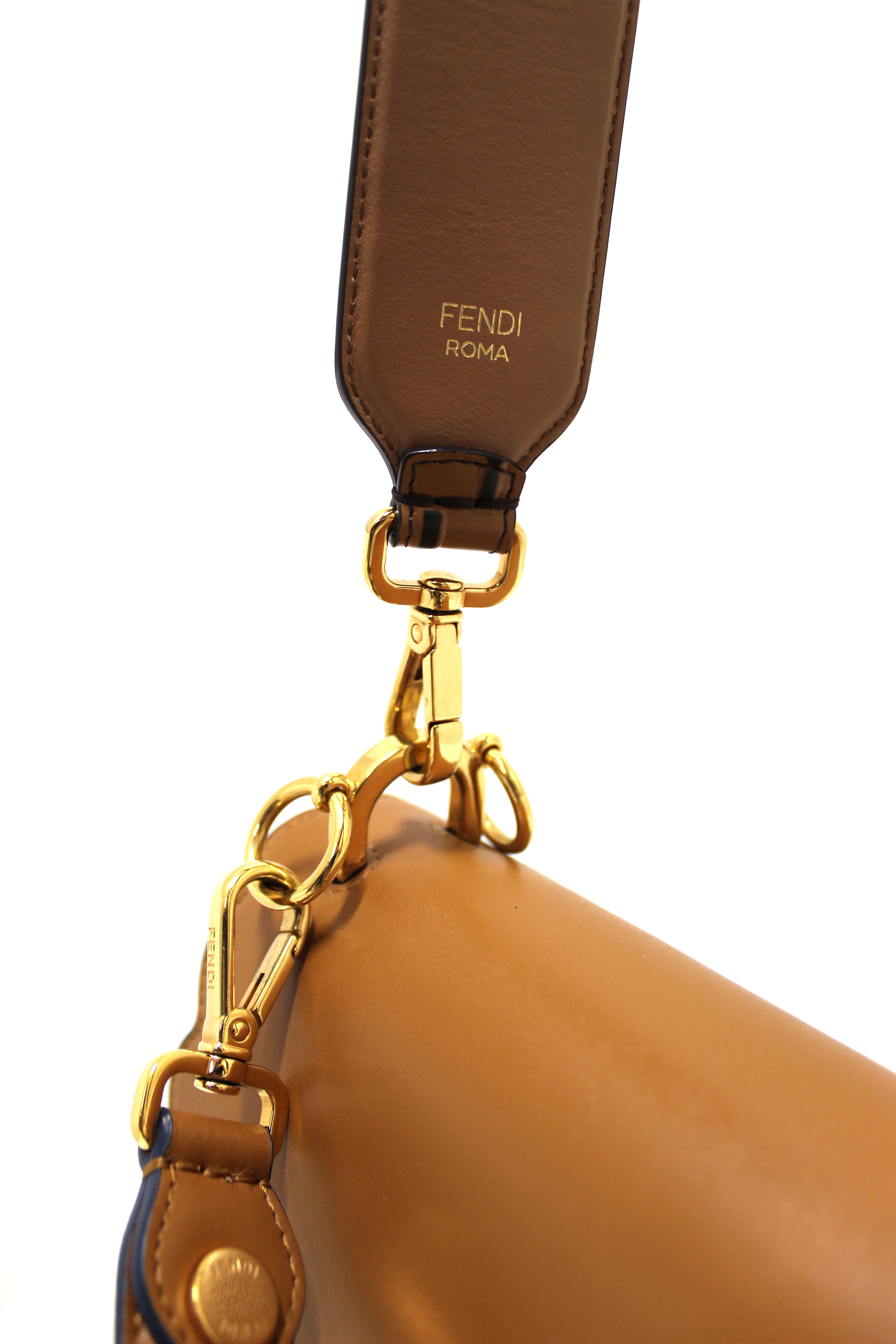 Authentic Fendi Brown Scallop Leather Mini I Kan Chain Shoulder Bag with Extra Fendi Strap