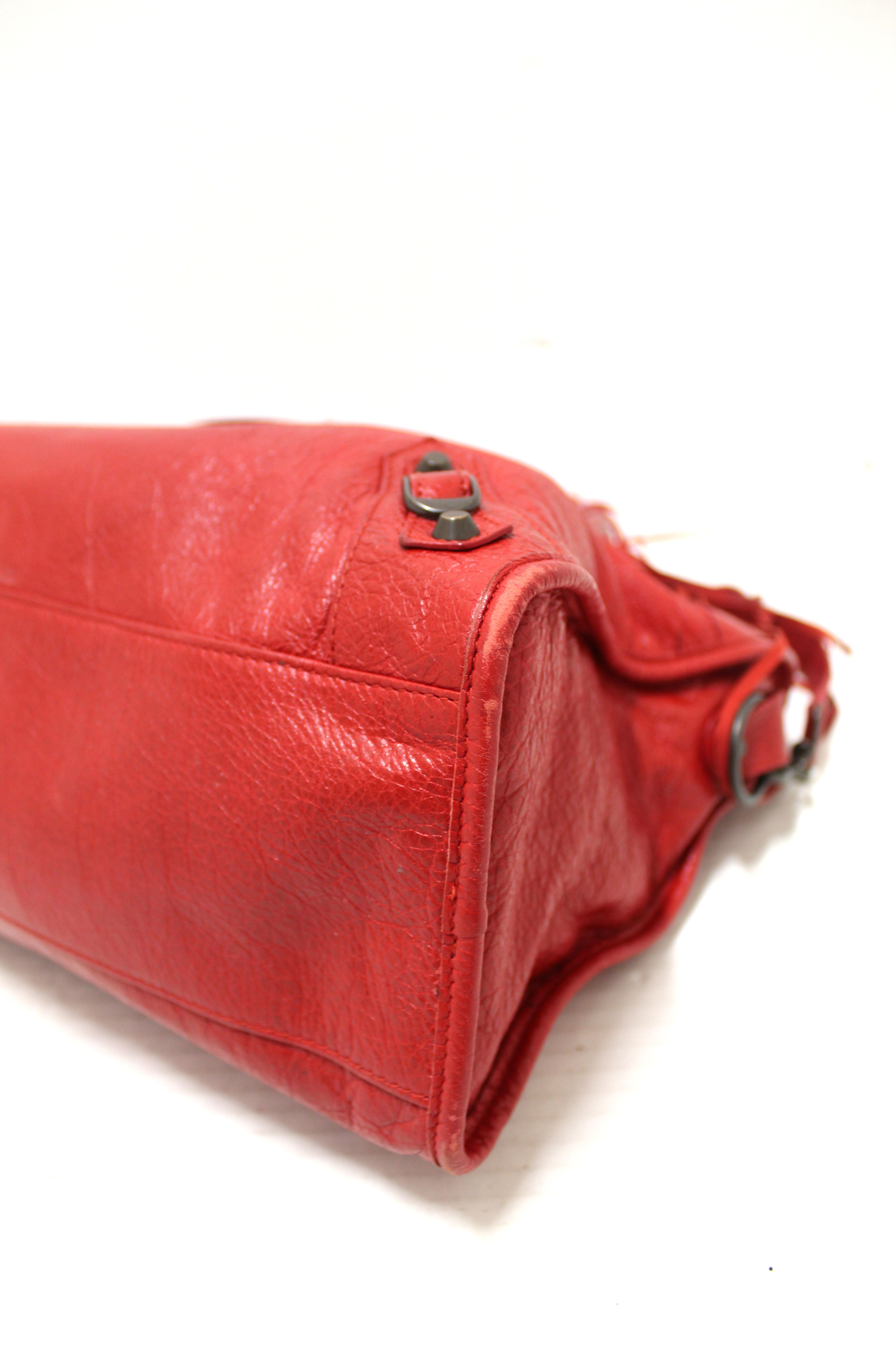 Authentic Balenciaga Red Classic City Lambskin Leather Shoulder Bag
