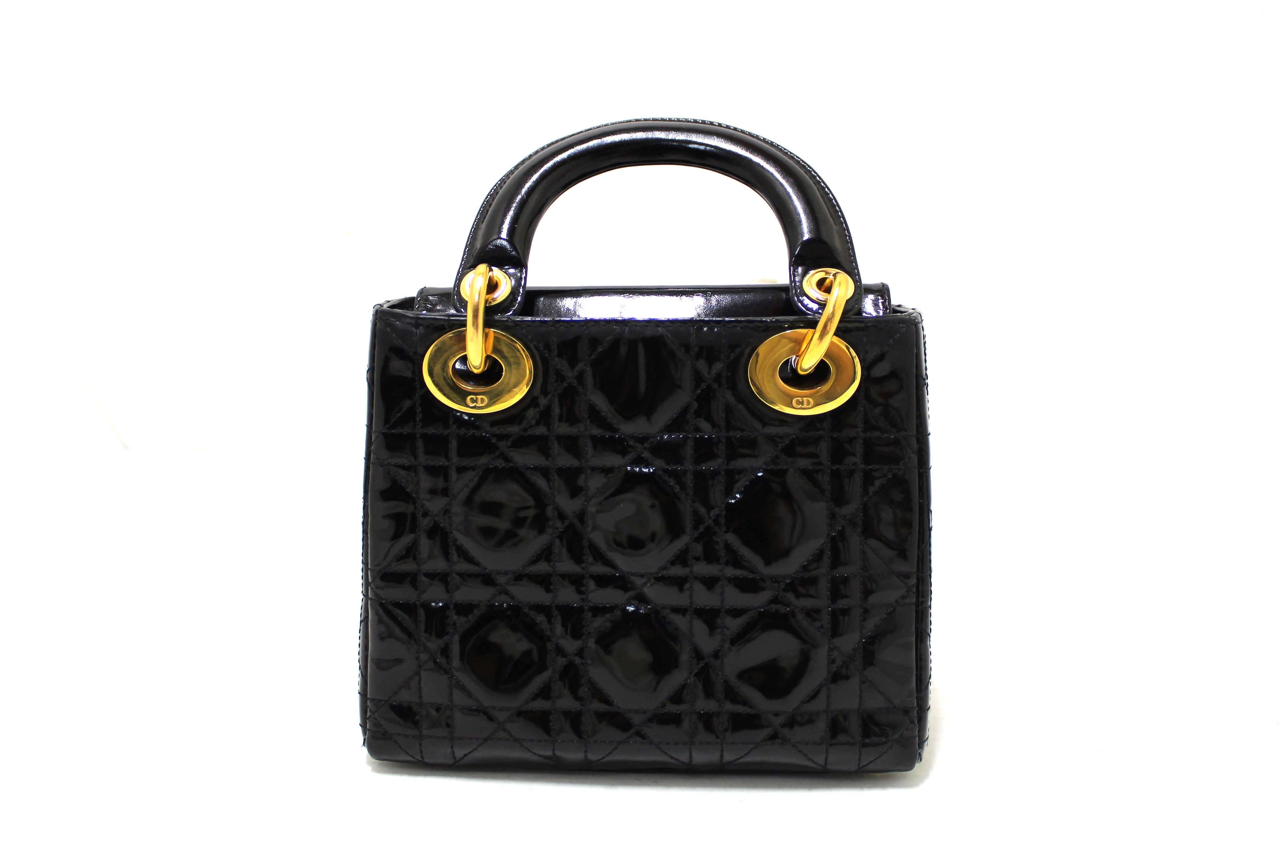 Authentic Christian Dior Black Patent Leather Cannage Mini Lady Dior Bag