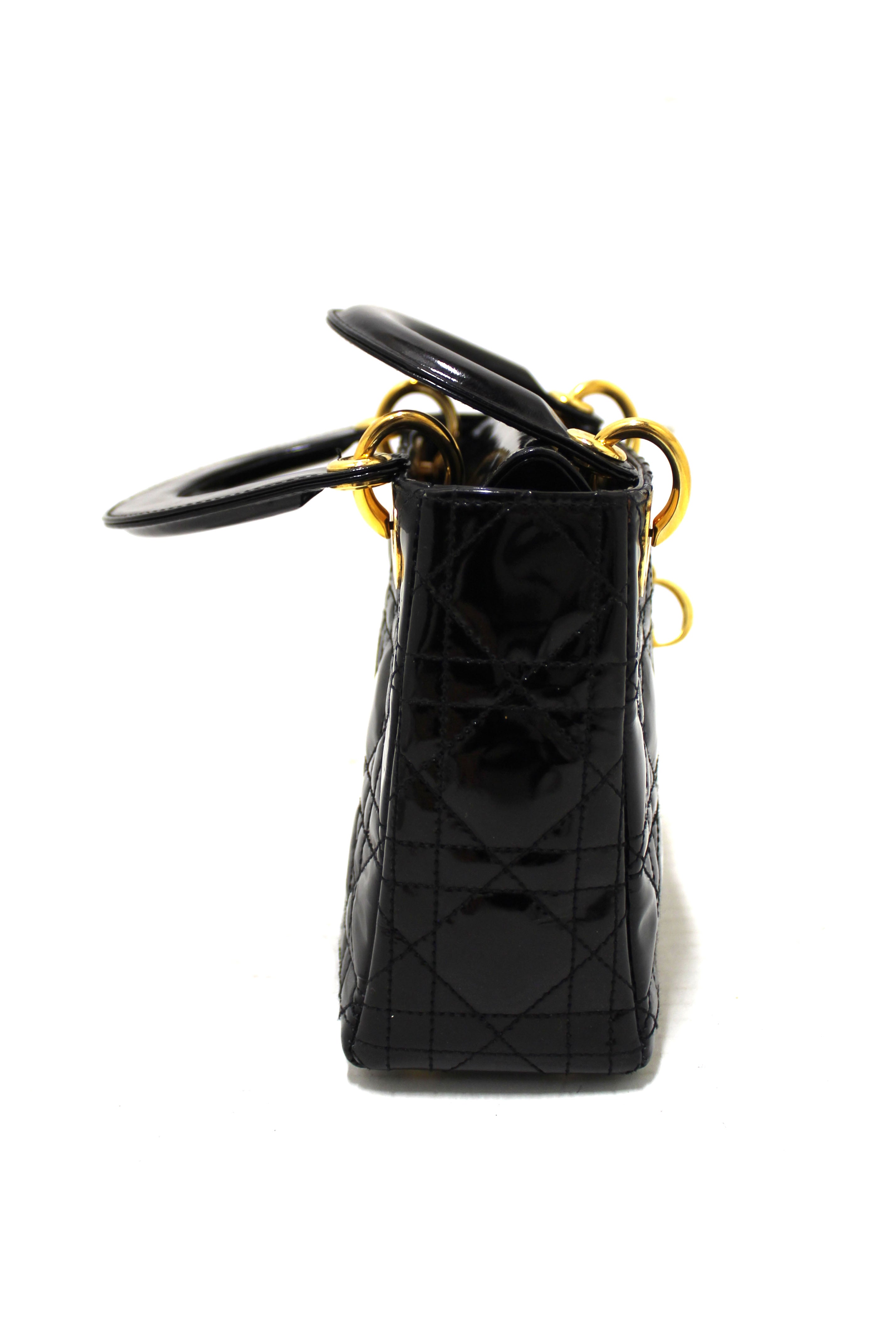 Authentic Christian Dior Black Patent Leather Cannage Mini Lady Dior Bag