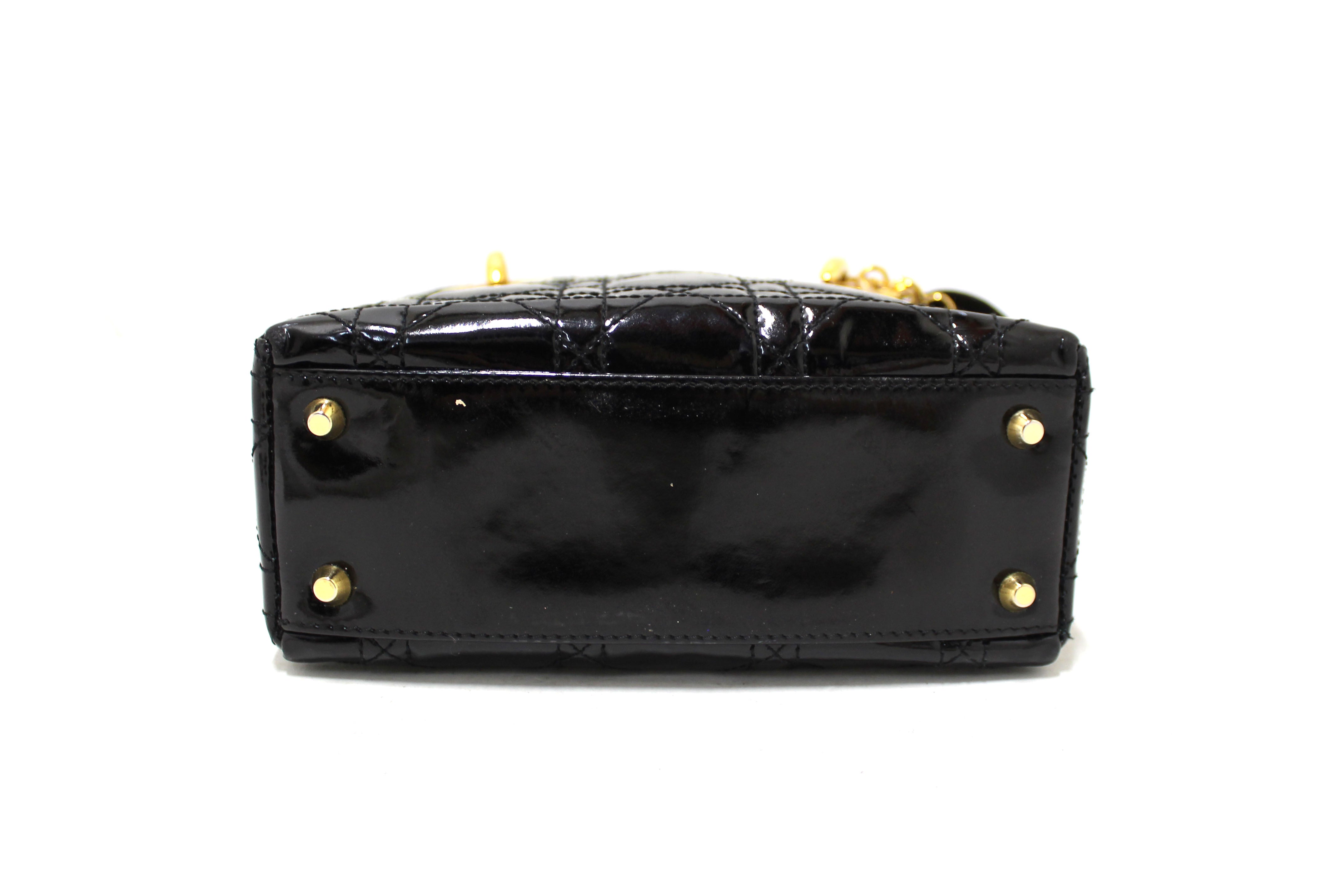 Authentic Christian Dior Black Patent Leather Cannage Mini Lady Dior Bag