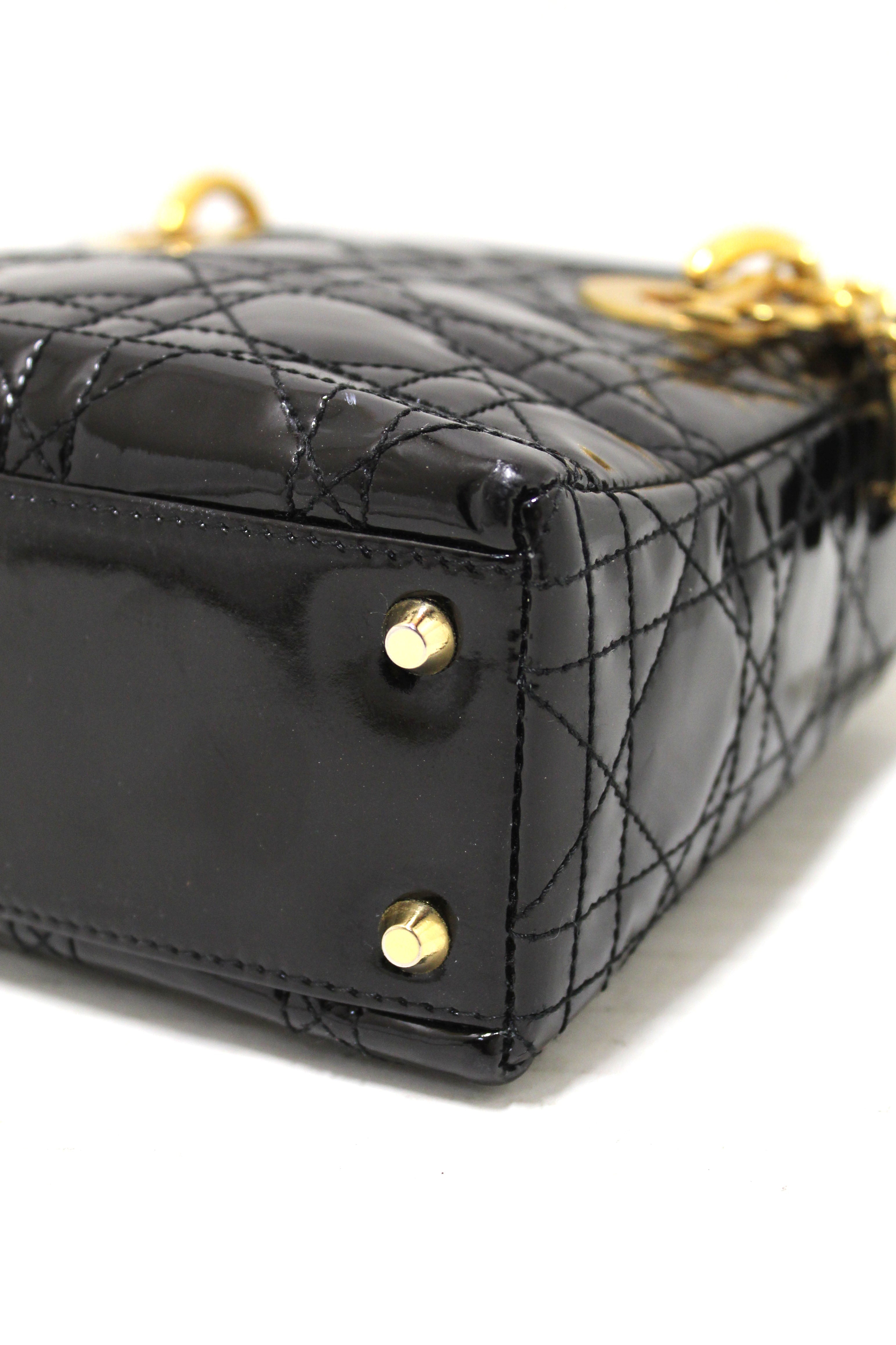 Authentic Christian Dior Black Patent Leather Cannage Mini Lady Dior Bag