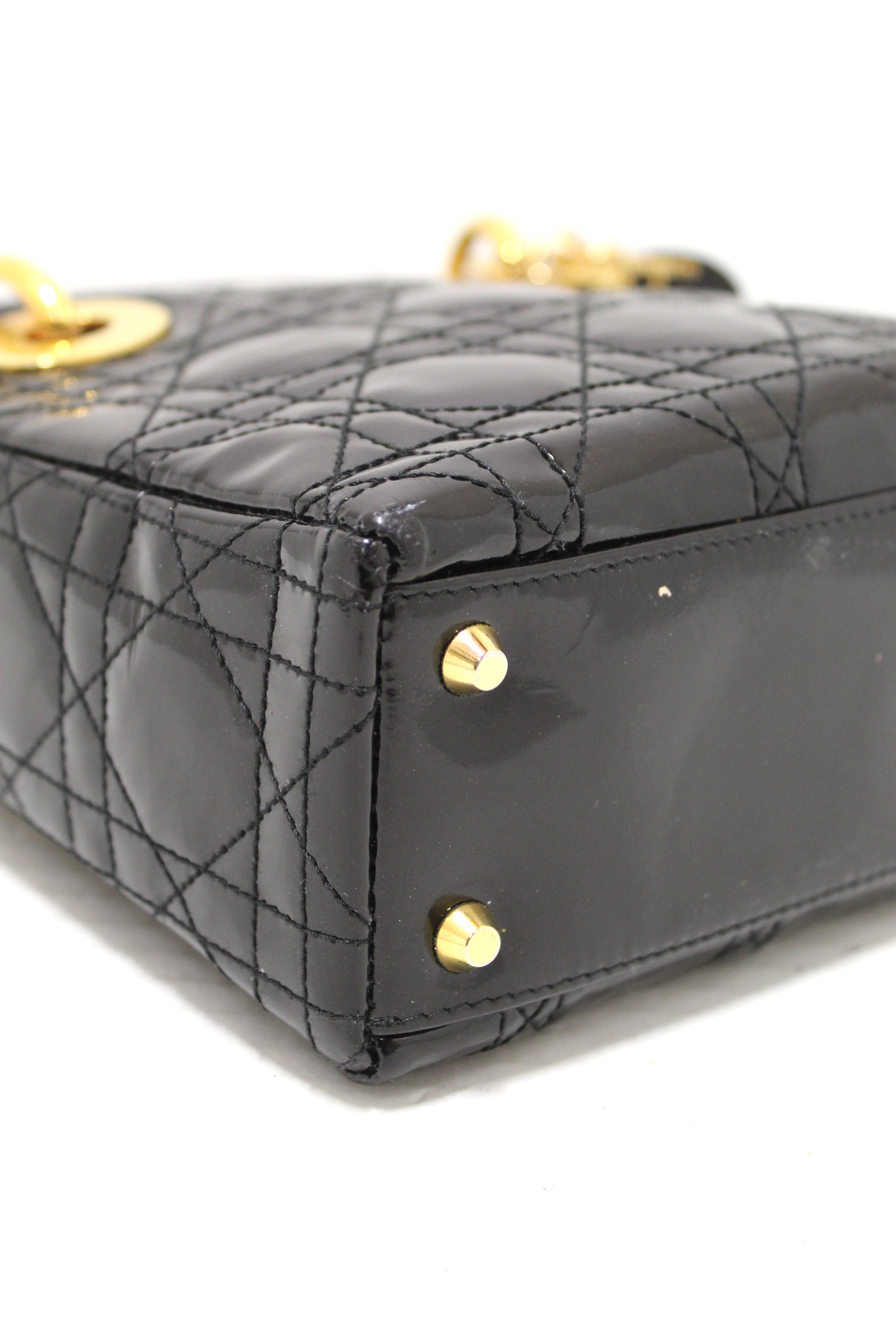 Authentic Christian Dior Black Patent Leather Cannage Mini Lady Dior Bag