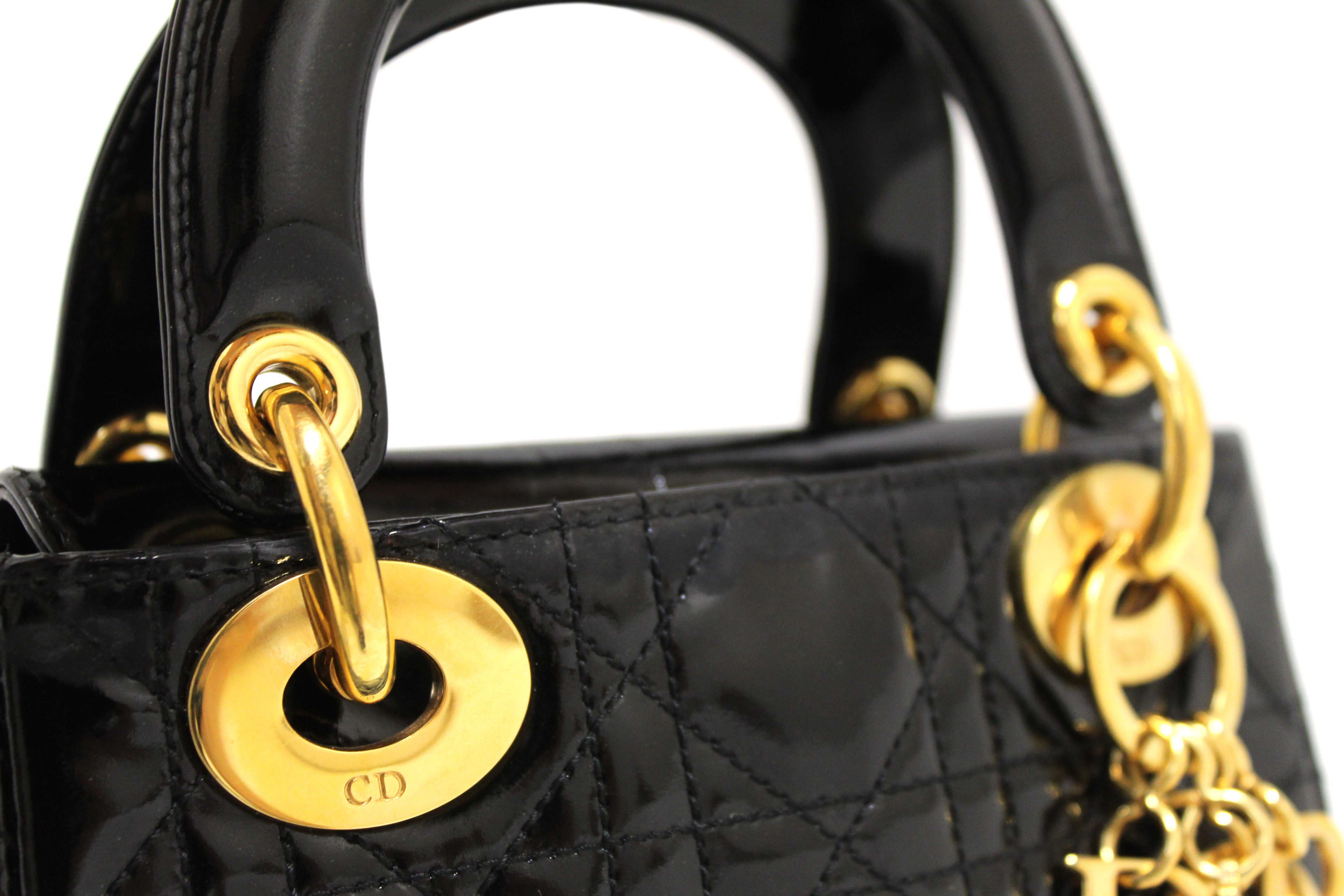 Authentic Christian Dior Black Patent Leather Cannage Mini Lady Dior Bag