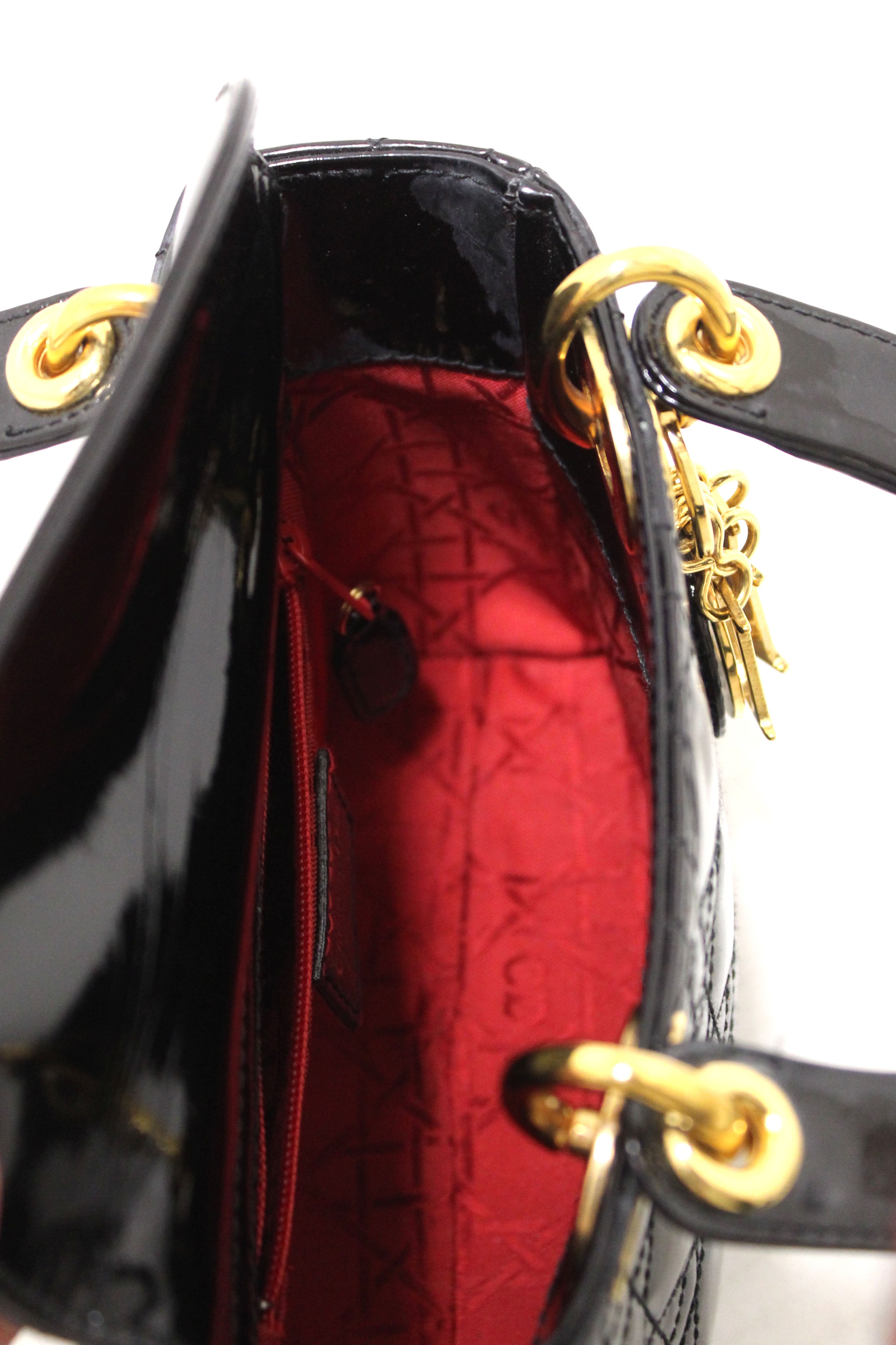 Authentic Christian Dior Black Patent Leather Cannage Mini Lady Dior Bag