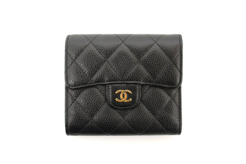 Authentic Chanel Black Quilted Caviar Leather Classic Small Flap Wallet