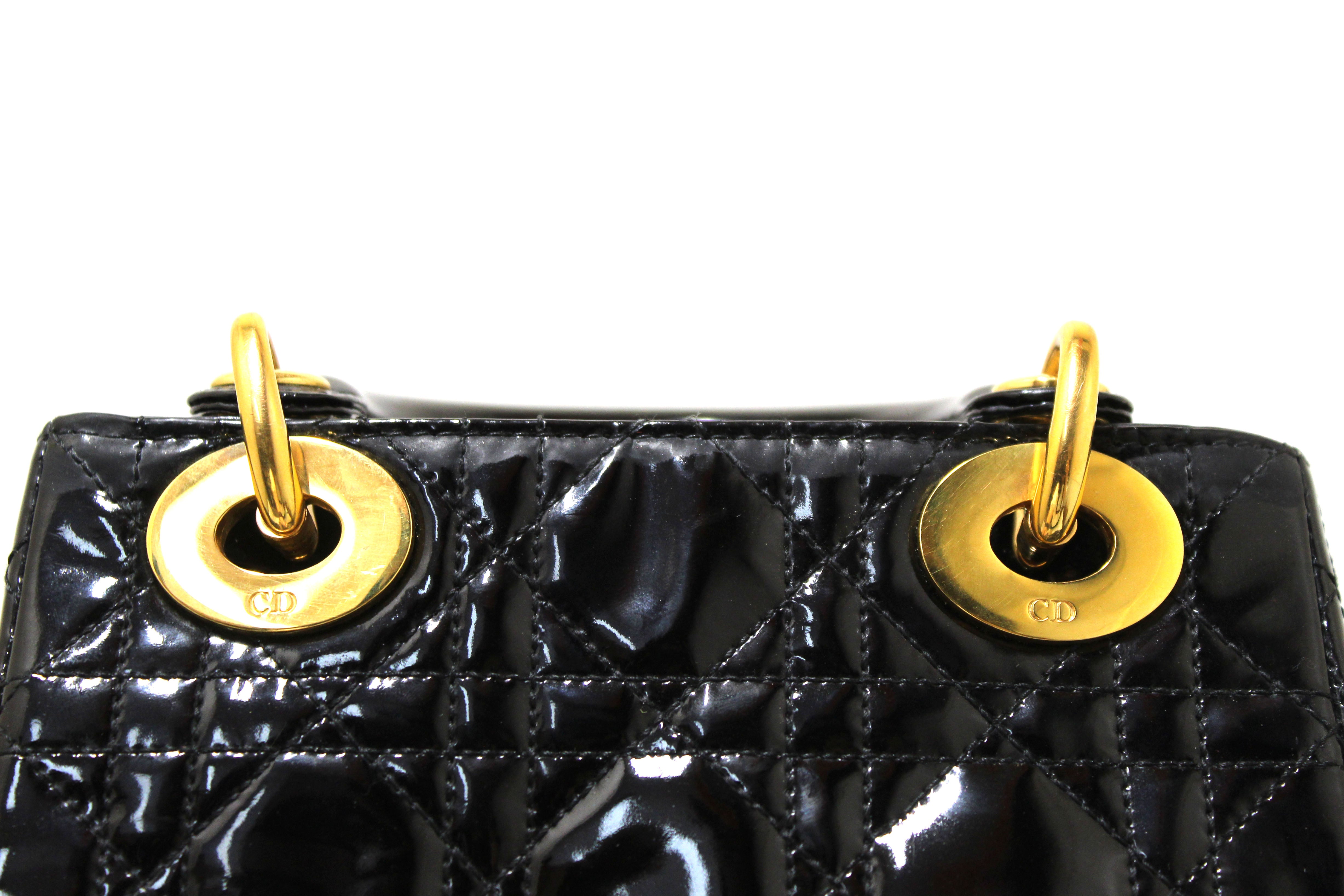 Authentic Christian Dior Black Patent Leather Cannage Mini Lady Dior Bag