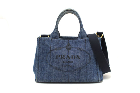 Authentic Prada Blue Denim Small Canapa Canvas Tote Bag With Long Strap
