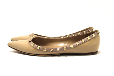 Authentic Valentino Garavani Beige Patent Leather Rockstud Ballet Flat Size 38