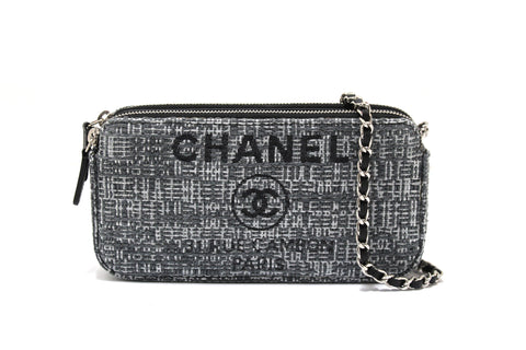 Authentic Chanel Grey Tweed Canvas Double Zip Wallet on Chain