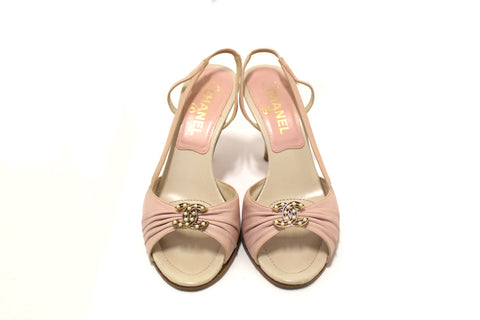 Authentic Chanel Vintage Pink/White Leather Slingback Sandal Heel Shoes Size 37