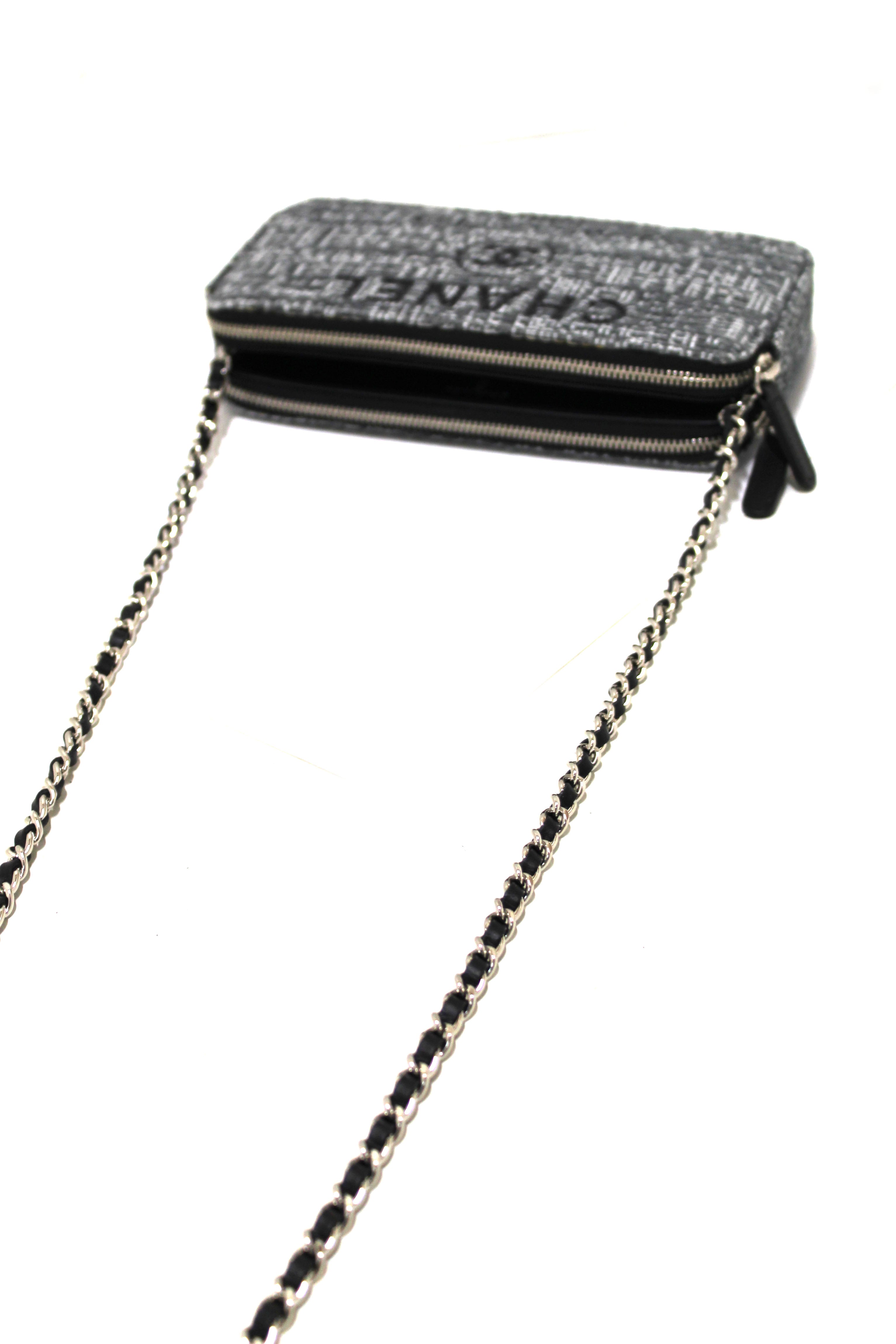Authentic Chanel Grey Tweed Canvas Double Zip Wallet on Chain
