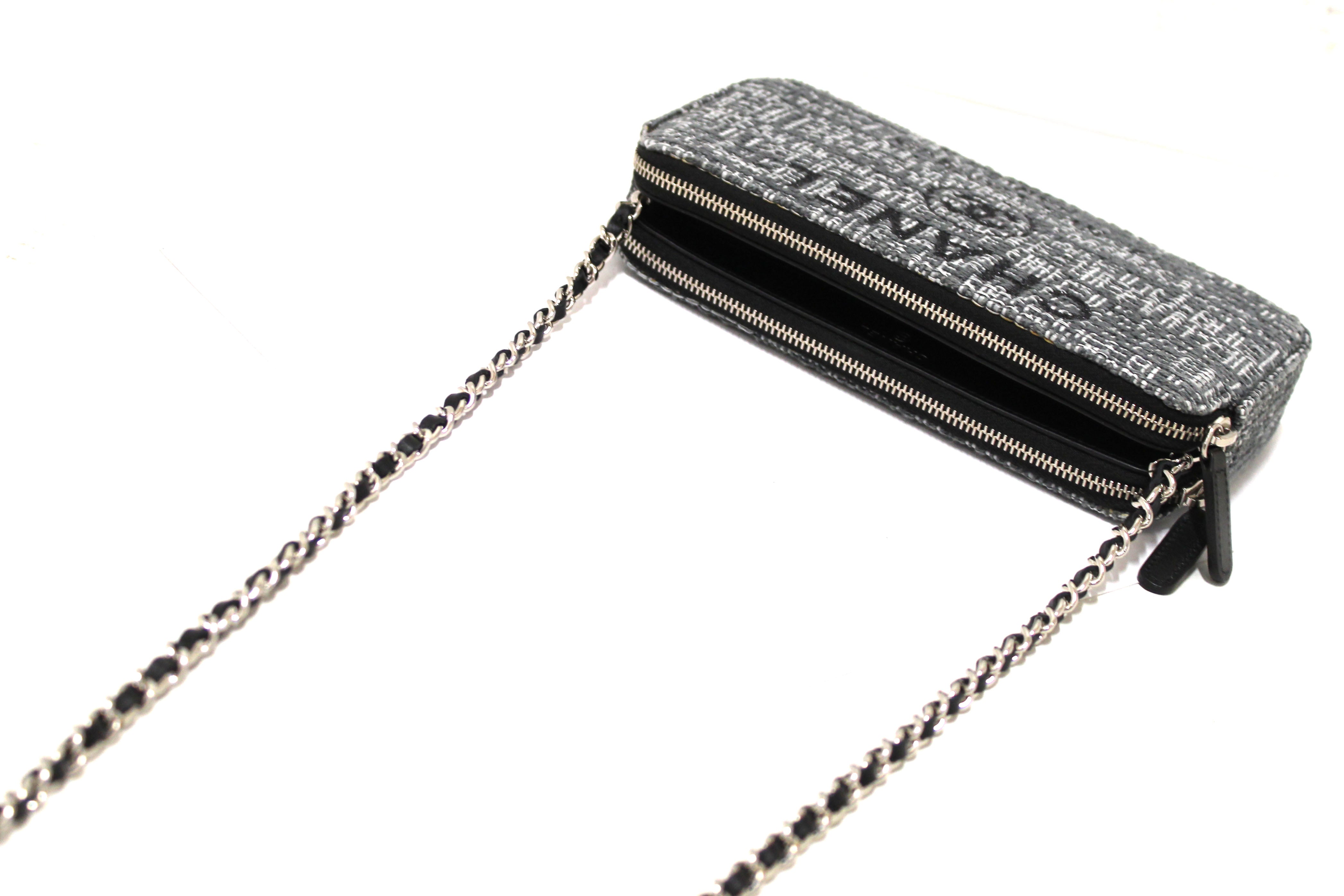 Authentic Chanel Grey Tweed Canvas Double Zip Wallet on Chain