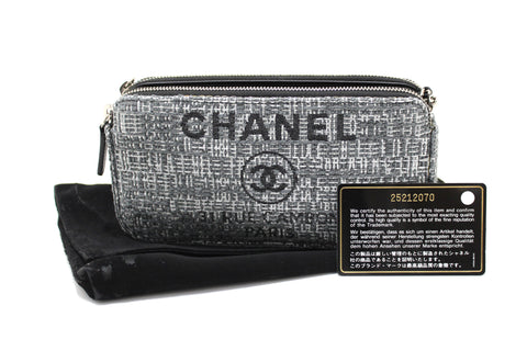 Authentic Chanel Grey Tweed Canvas Double Zip Wallet on Chain