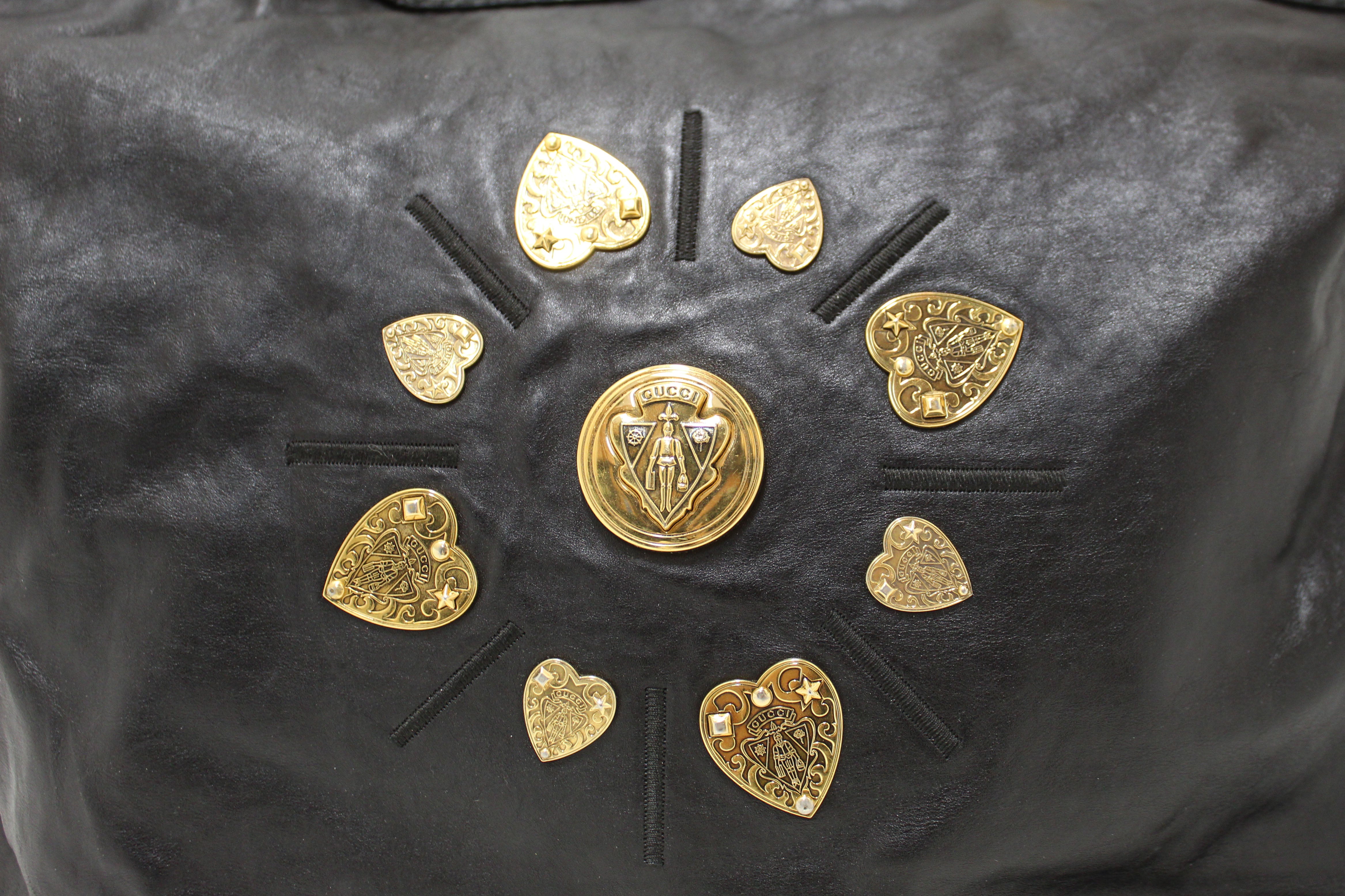 Authentic Gucci Black Leather Irina Babouska Heart Shoulder Tote