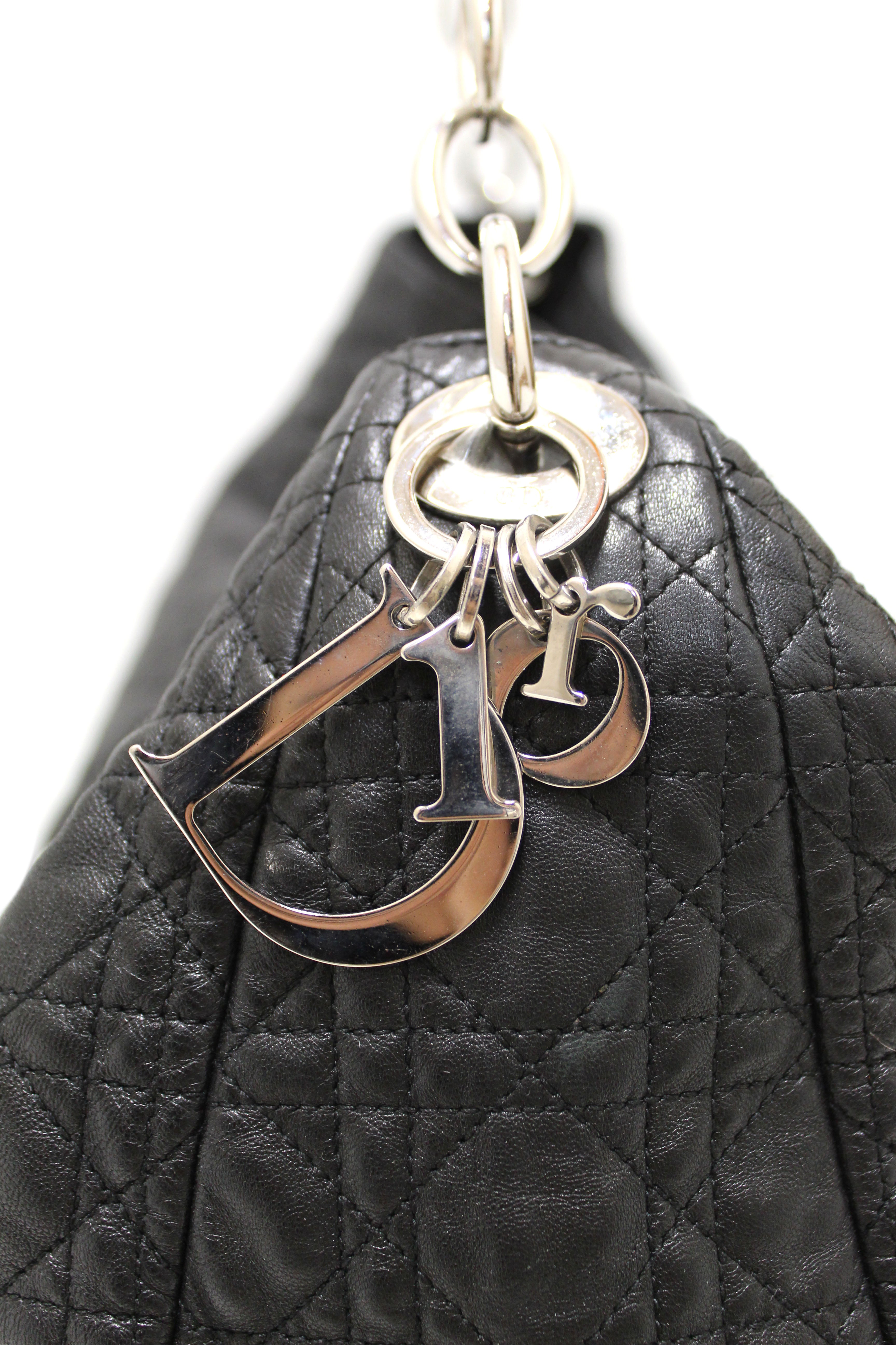 Authentic Christian Dior Black Lady Dior Cannage Quilted Lambskin Soft Medium Hobo Bag