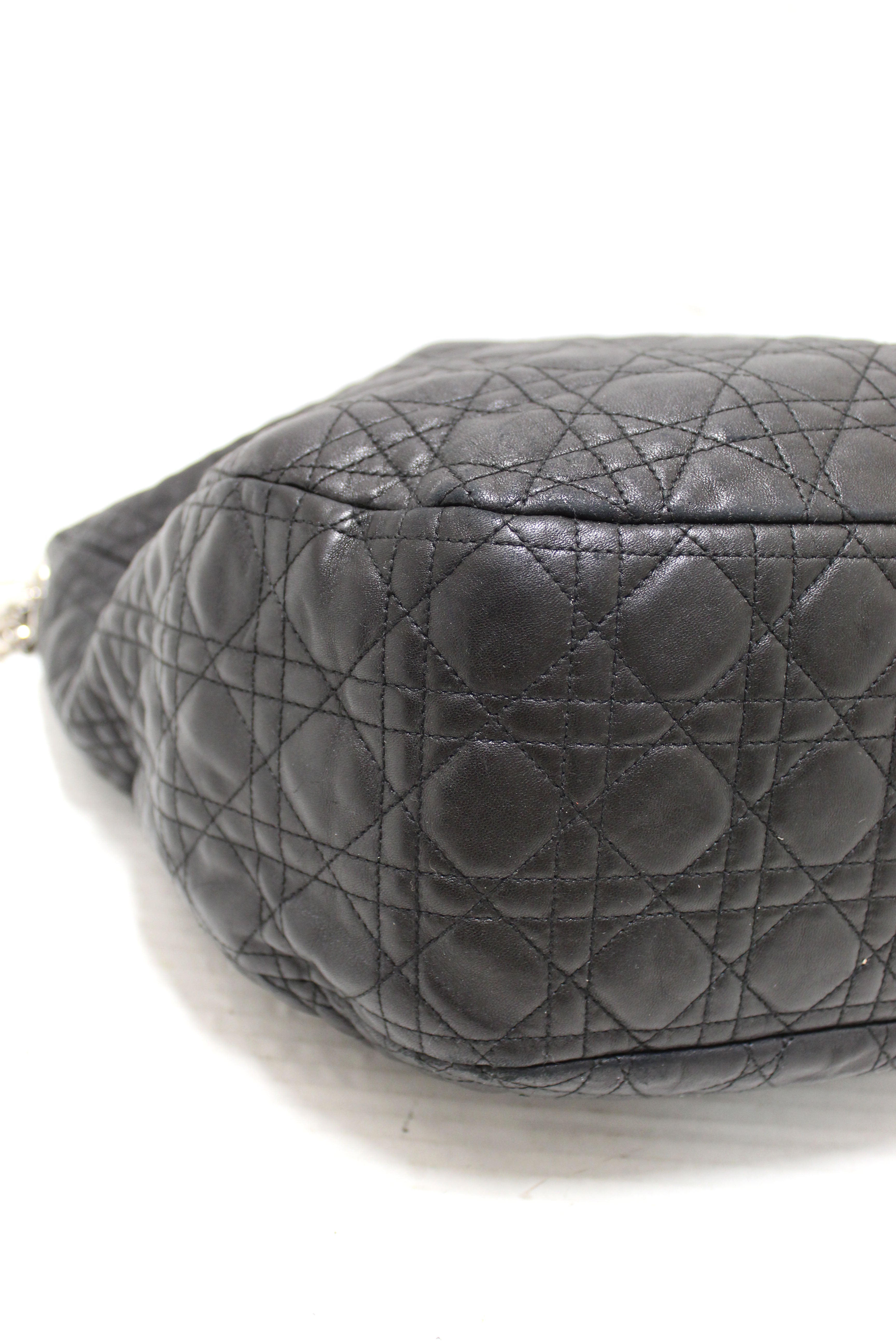 Authentic Christian Dior Black Lady Dior Cannage Quilted Lambskin Soft Medium Hobo Bag