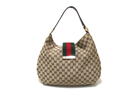 Authentic Gucci Brown GG Canvas Medium Web Hobo Shoulder Bag