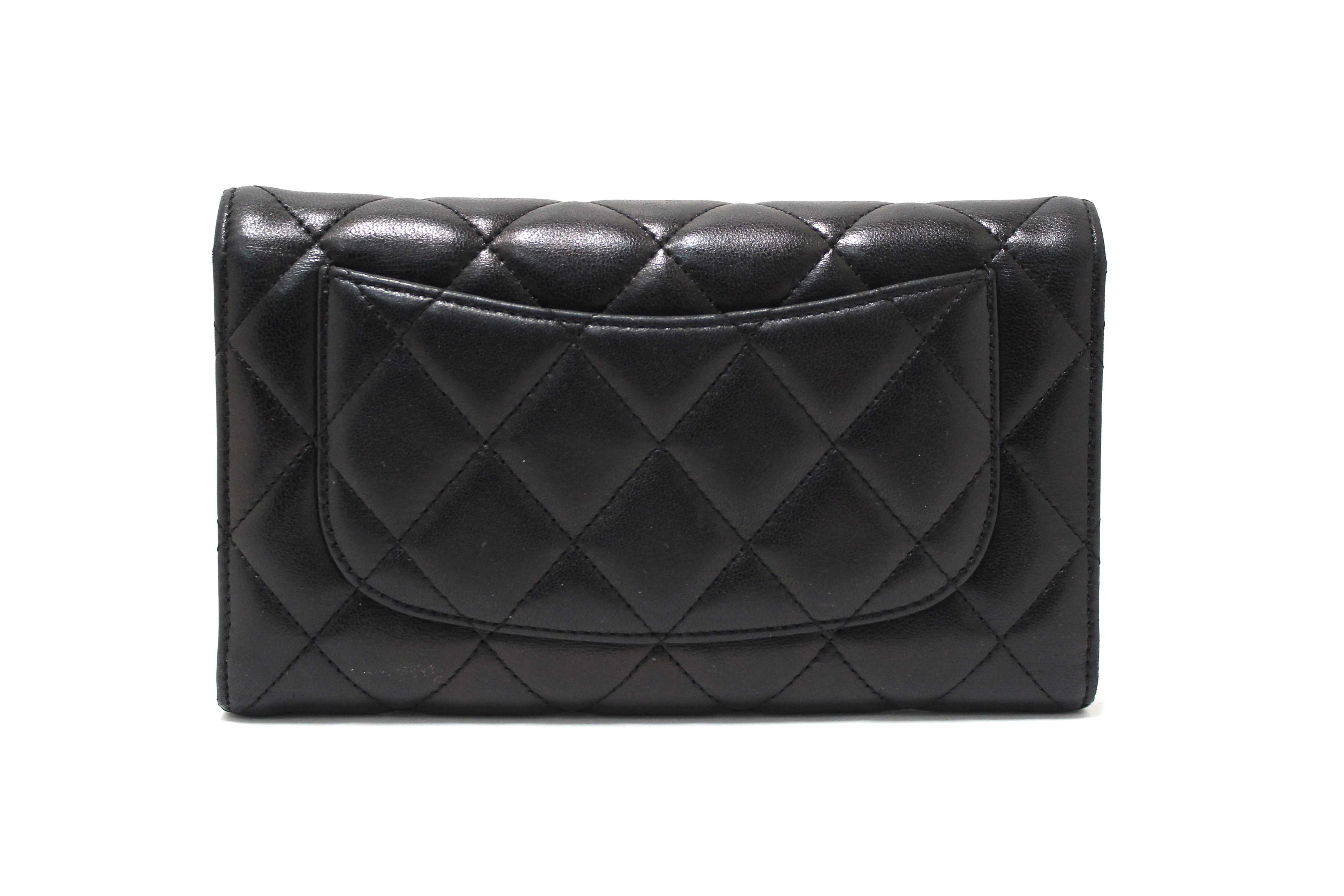 Authentic Chanel Black Quilted Lambskin Leather Trifold Flap Wallet