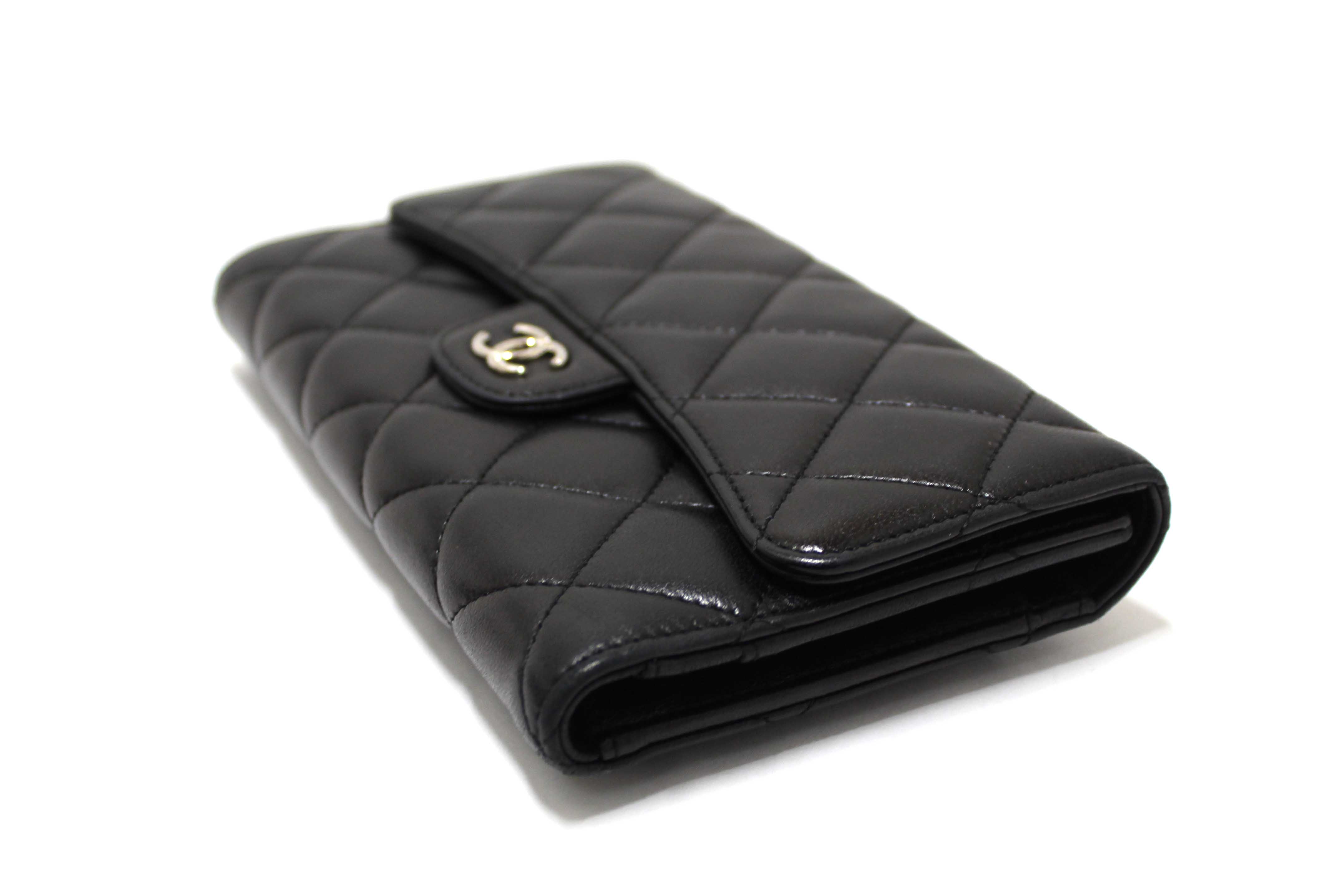 Authentic Chanel Black Quilted Lambskin Leather Trifold Flap Wallet