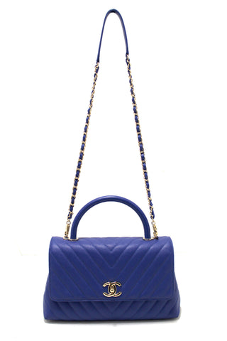 Authentic Chanel Blue Chevron Caviar Leather Medium CoCo Handle Flap Bag