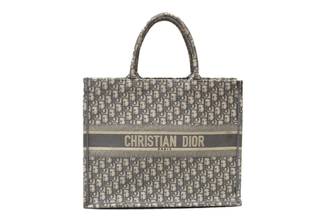 Authentic Christian Dior Ecru And Gray Dior Oblique Embroidery Large Dior Book Tote