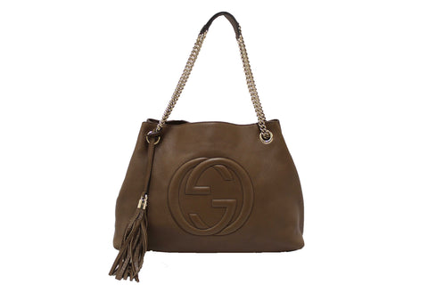 Authentic Gucci Brown Pebbled Calfskin Medium Soho Chain Shoulder Bag 308982