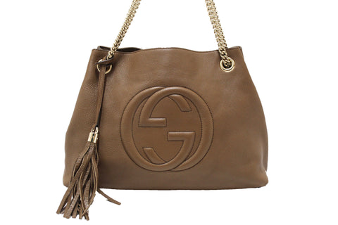 Authentic Gucci Brown Pebbled Calfskin Medium Soho Chain Shoulder Bag 308982