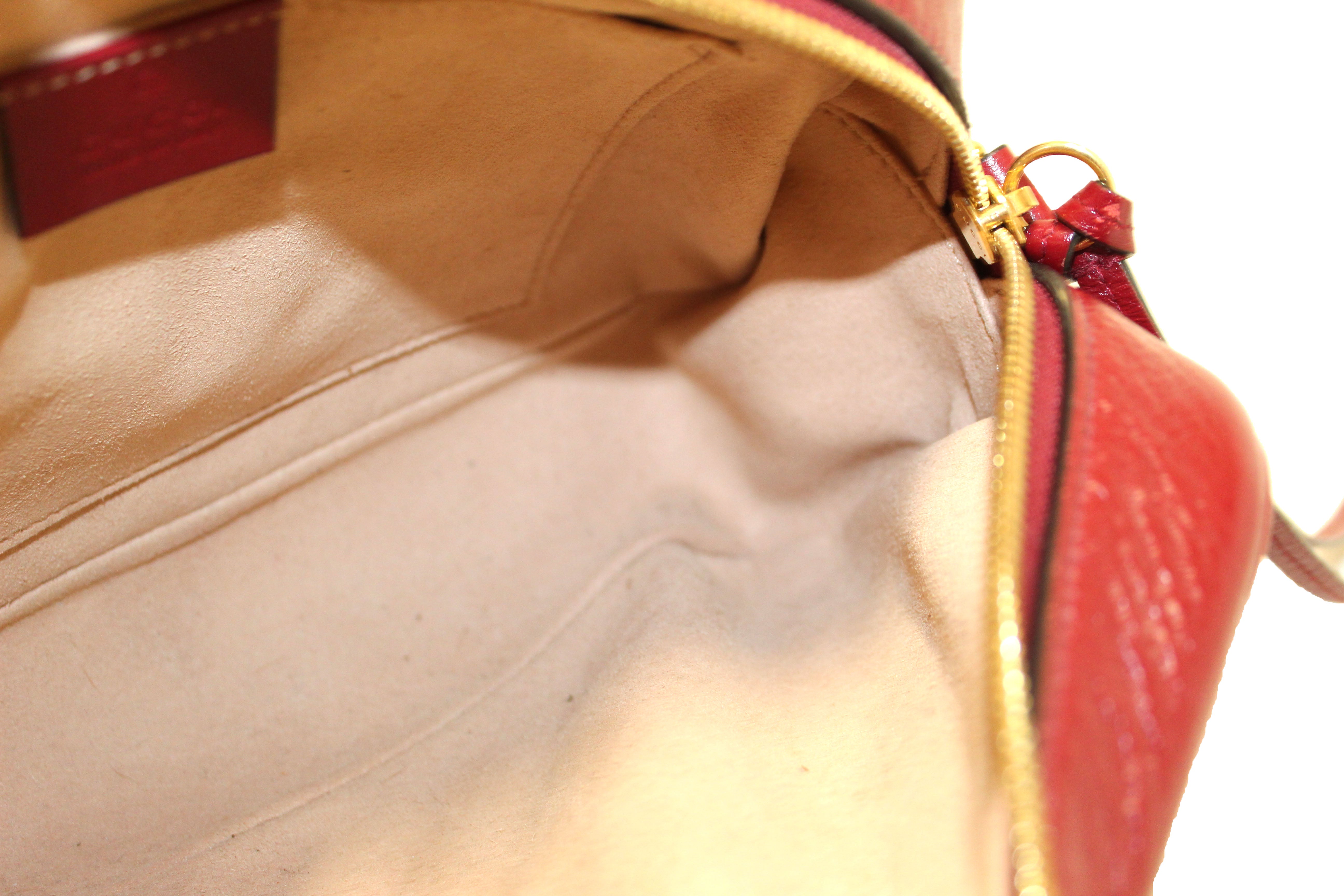 Authentic Gucci Marmont Brown GG Canvas with Red Leather Camera Crossbody Bag