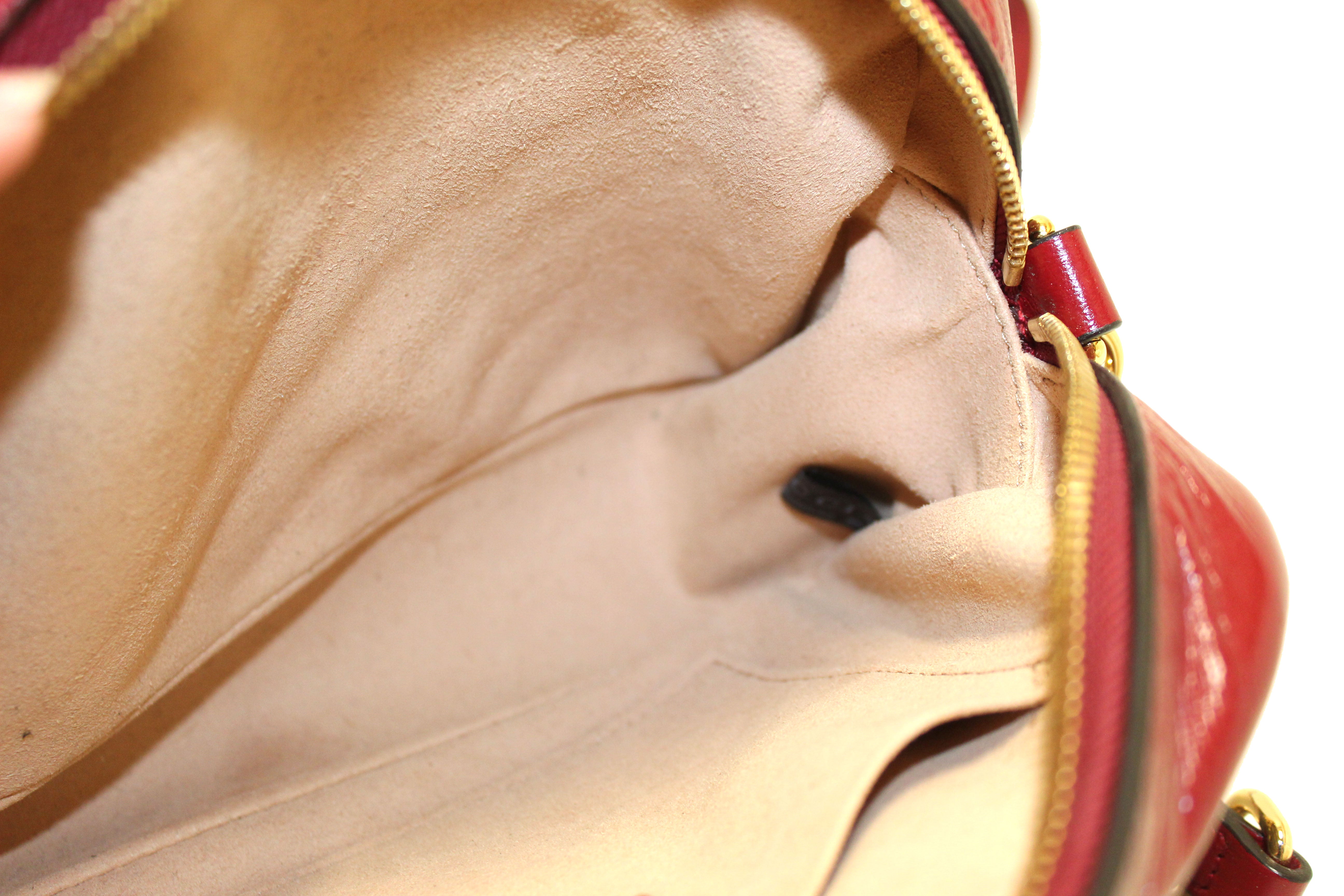 Authentic Gucci Marmont Brown GG Canvas with Red Leather Camera Crossbody Bag