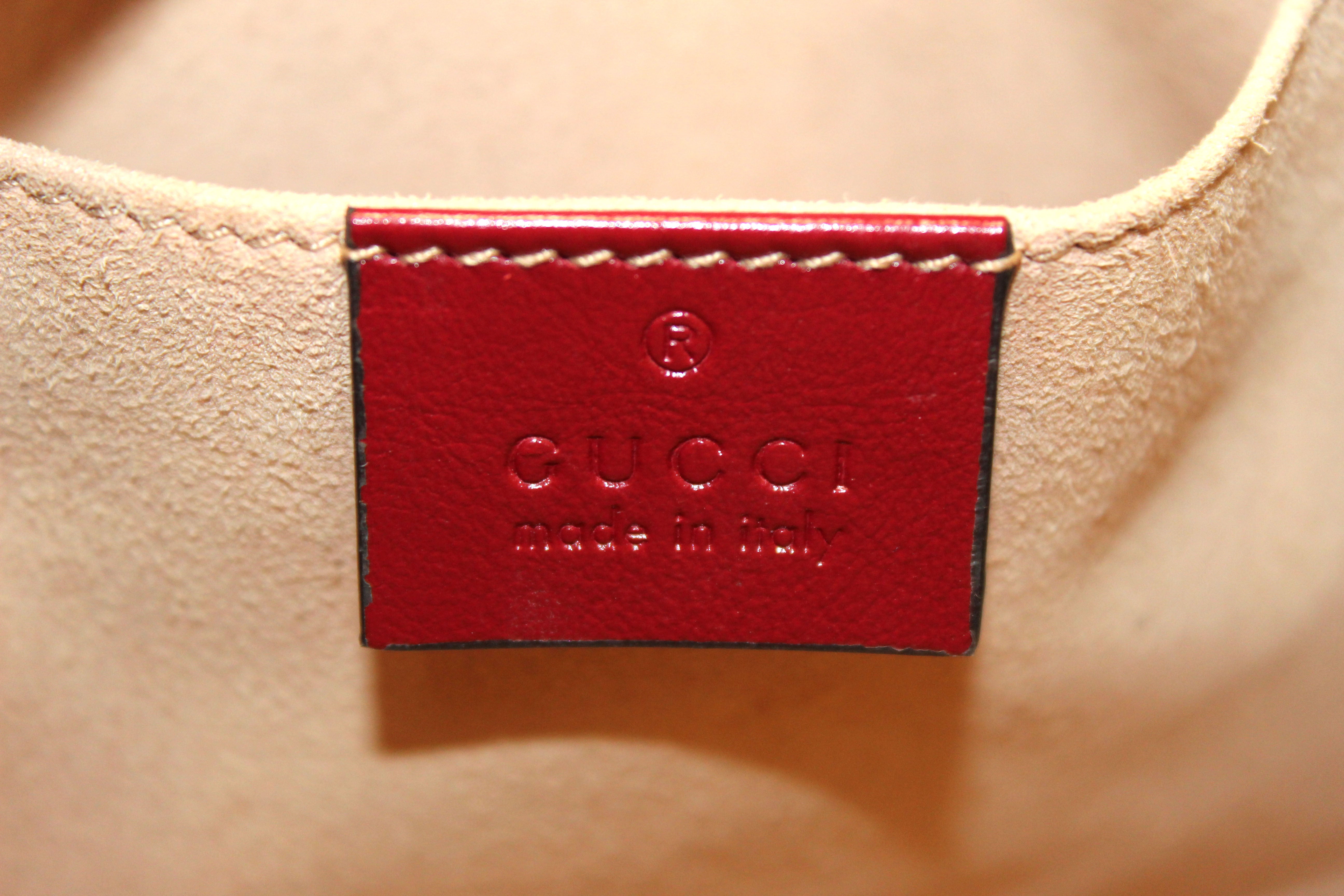 Authentic Gucci Marmont Brown GG Canvas with Red Leather Camera Crossbody Bag