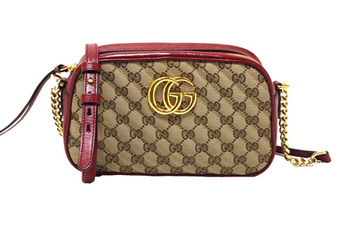 Authentic Gucci Marmont Brown GG Canvas with Red Leather Camera Crossbody Bag