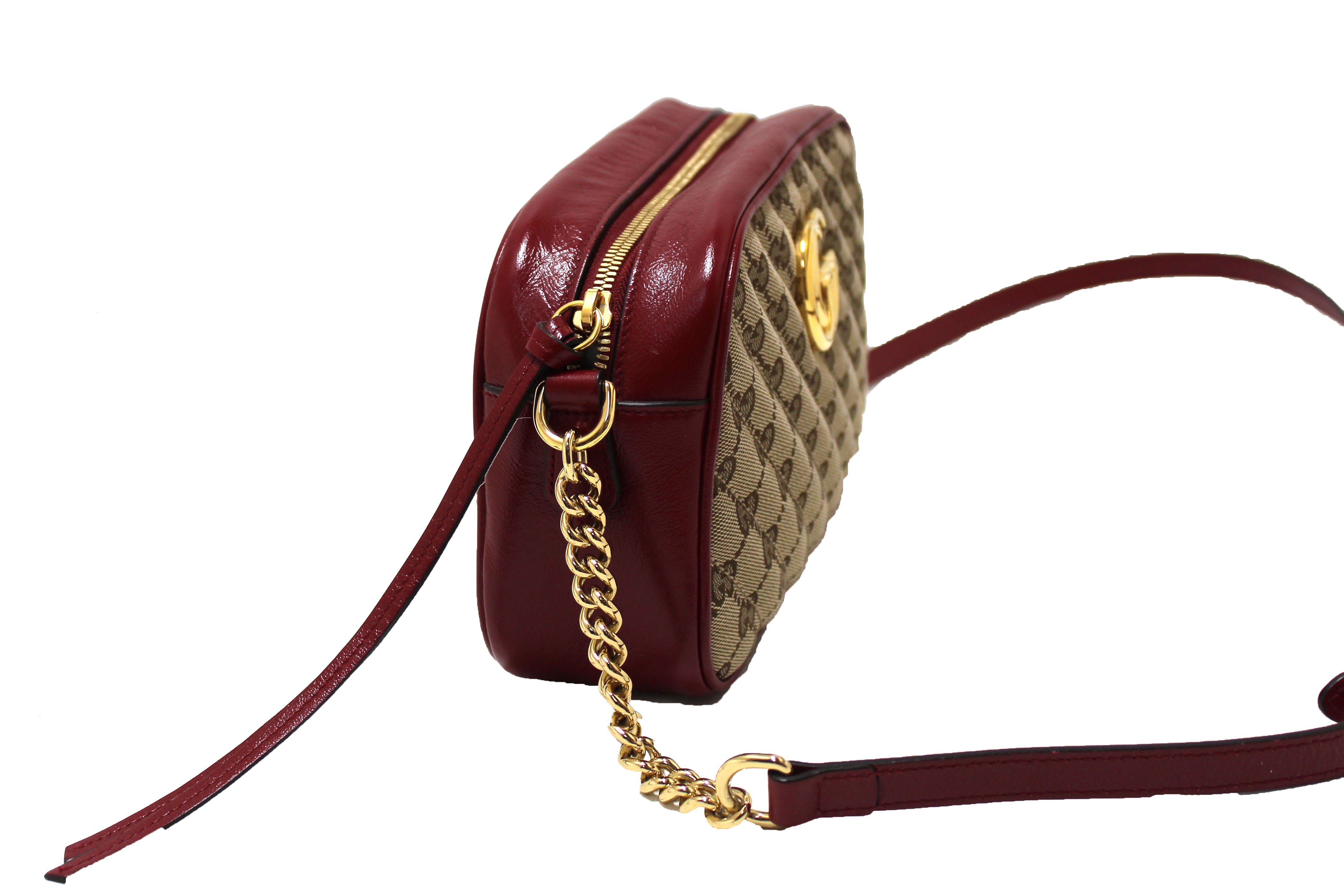 Authentic Gucci Marmont Brown GG Canvas with Red Leather Camera Crossbody Bag