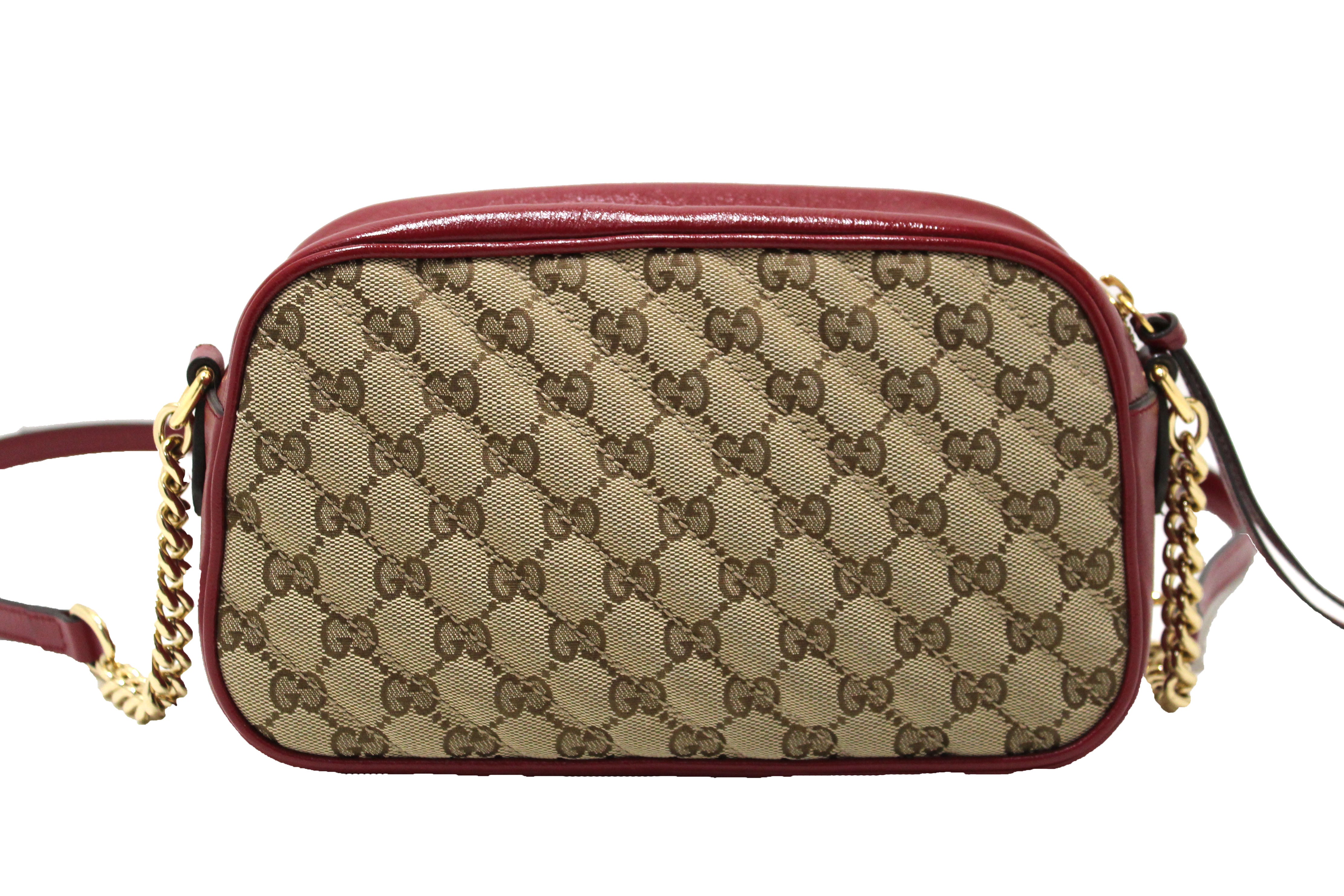Authentic Gucci Marmont Brown GG Canvas with Red Leather Camera Crossbody Bag