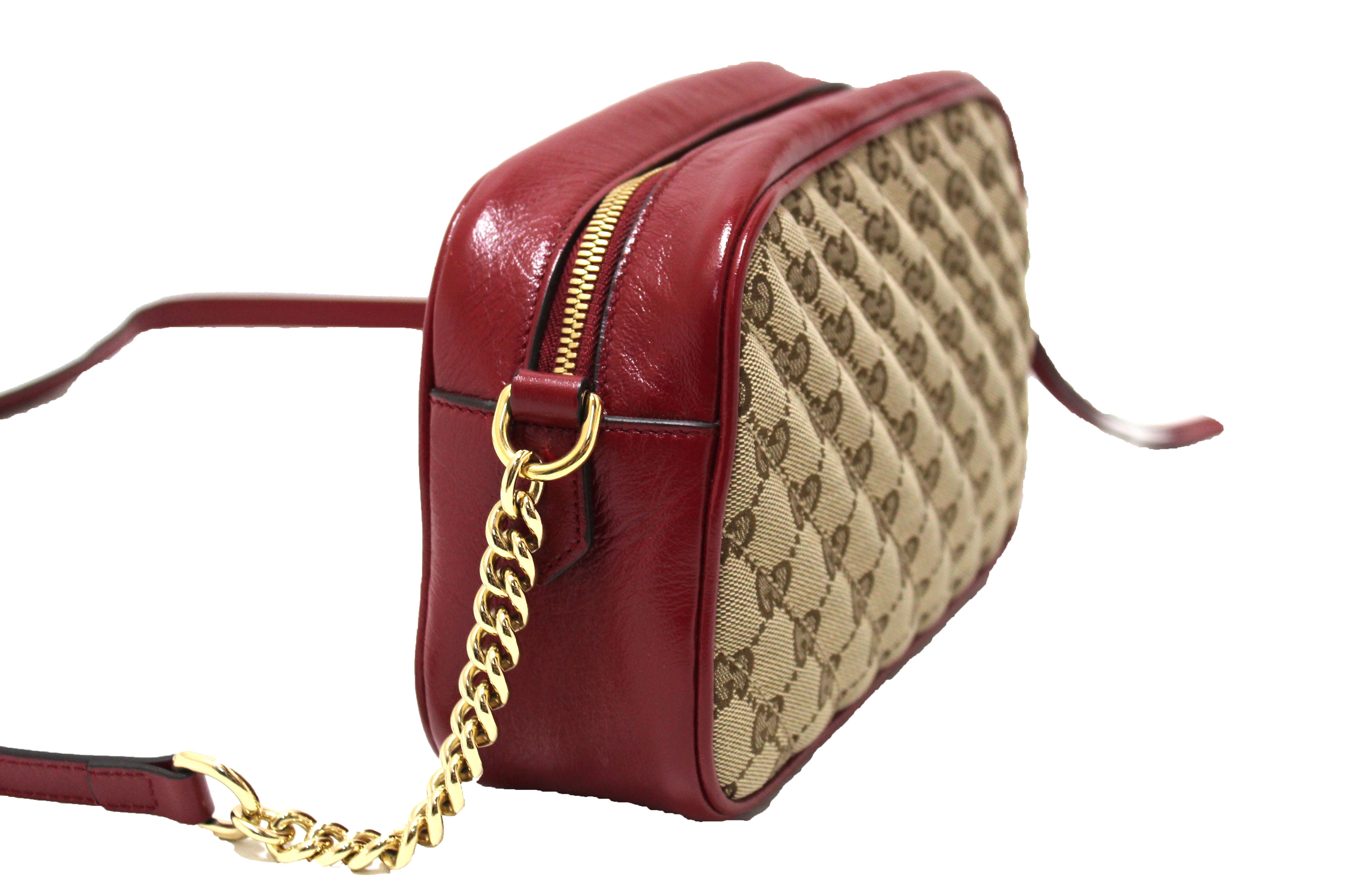 Authentic Gucci Marmont Brown GG Canvas with Red Leather Camera Crossbody Bag