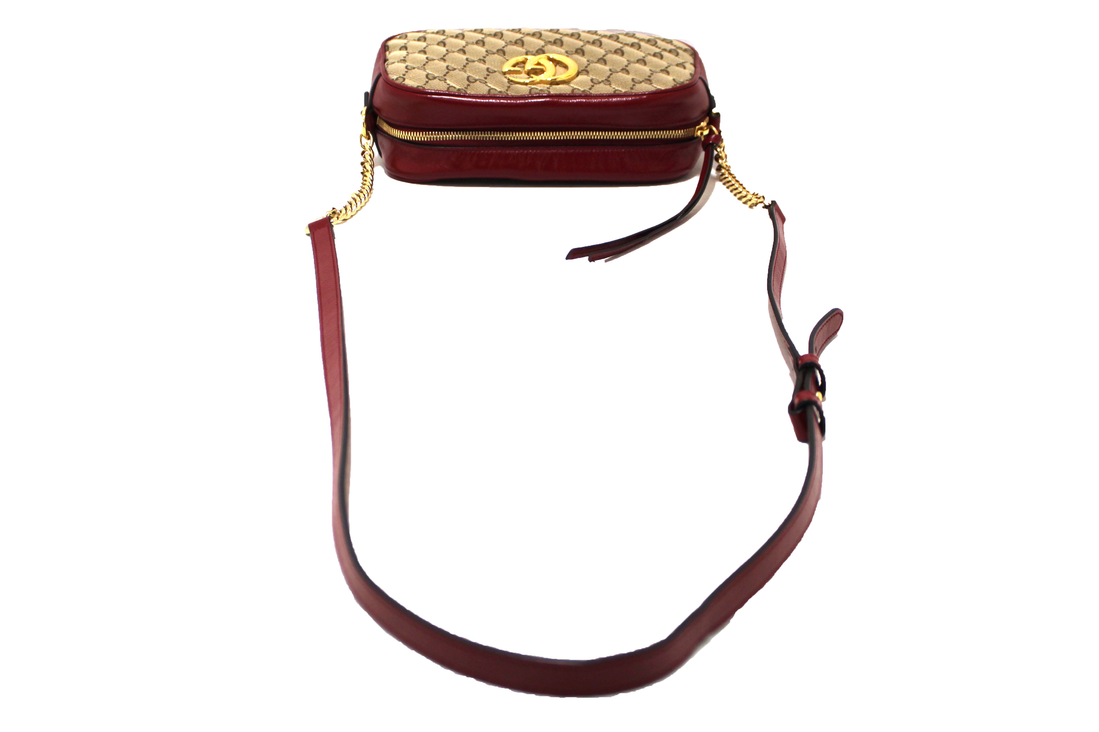 Authentic Gucci Marmont Brown GG Canvas with Red Leather Camera Crossbody Bag