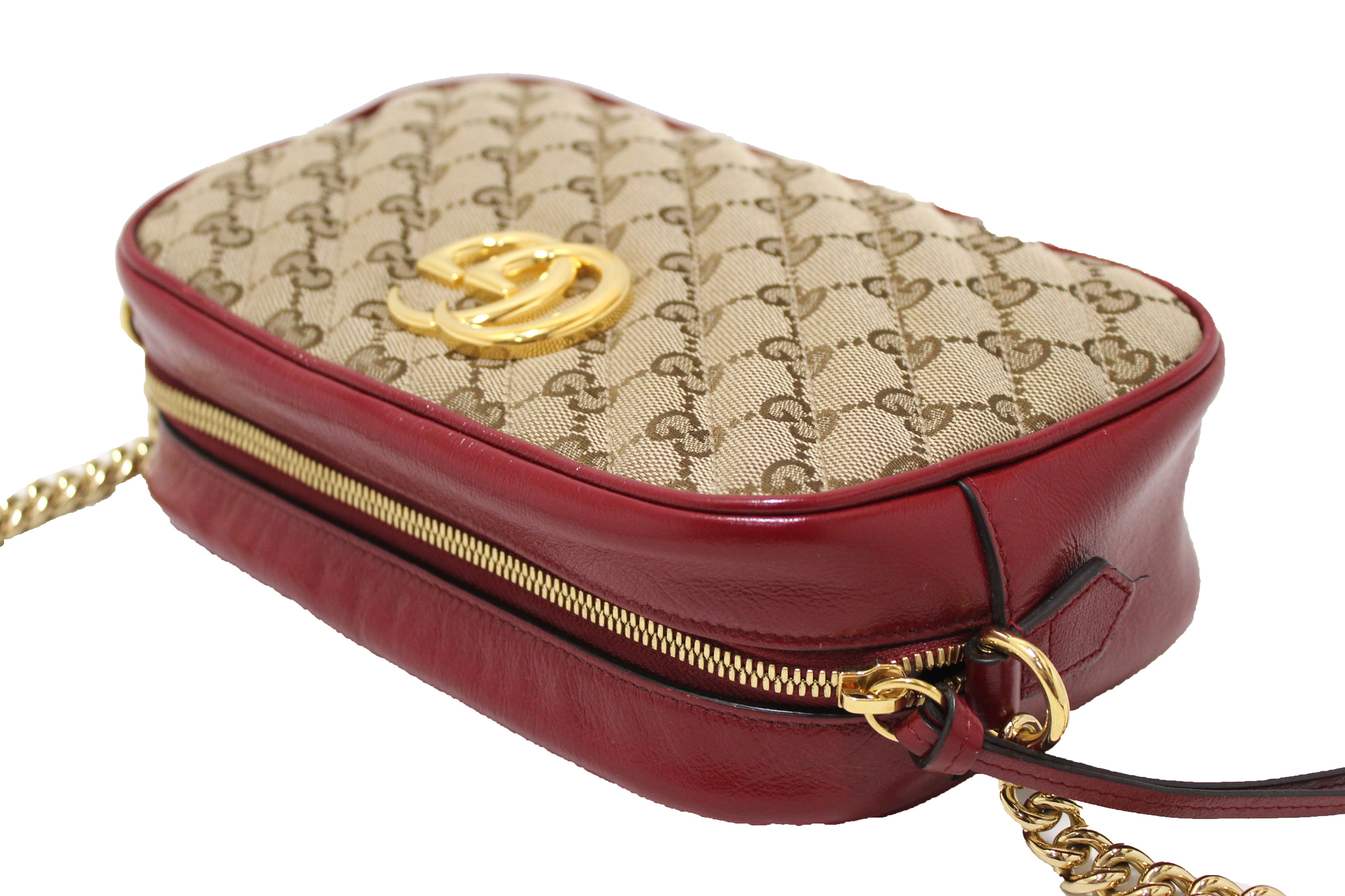 Authentic Gucci Marmont Brown GG Canvas with Red Leather Camera Crossbody Bag