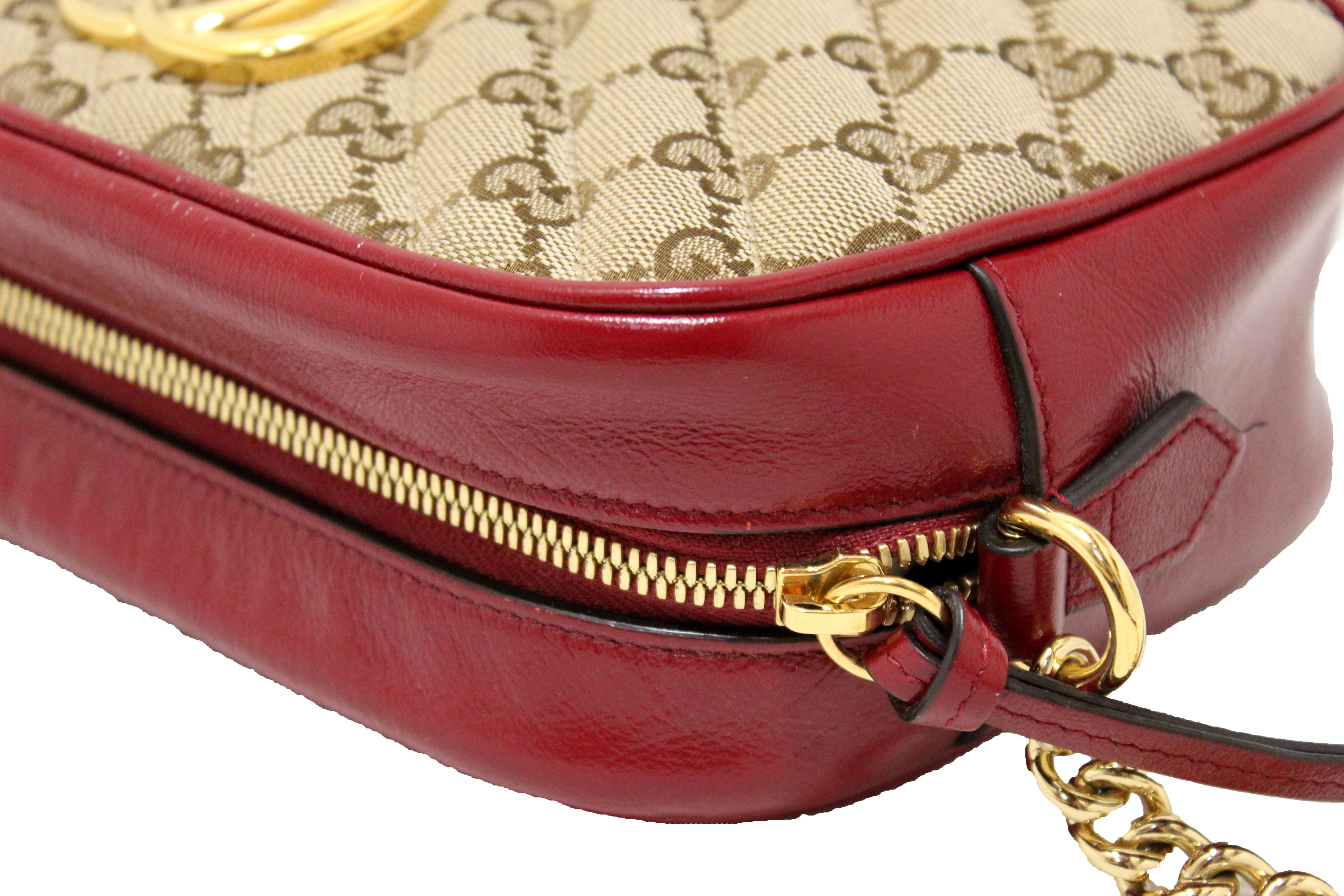 Authentic Gucci Marmont Brown GG Canvas with Red Leather Camera Crossbody Bag