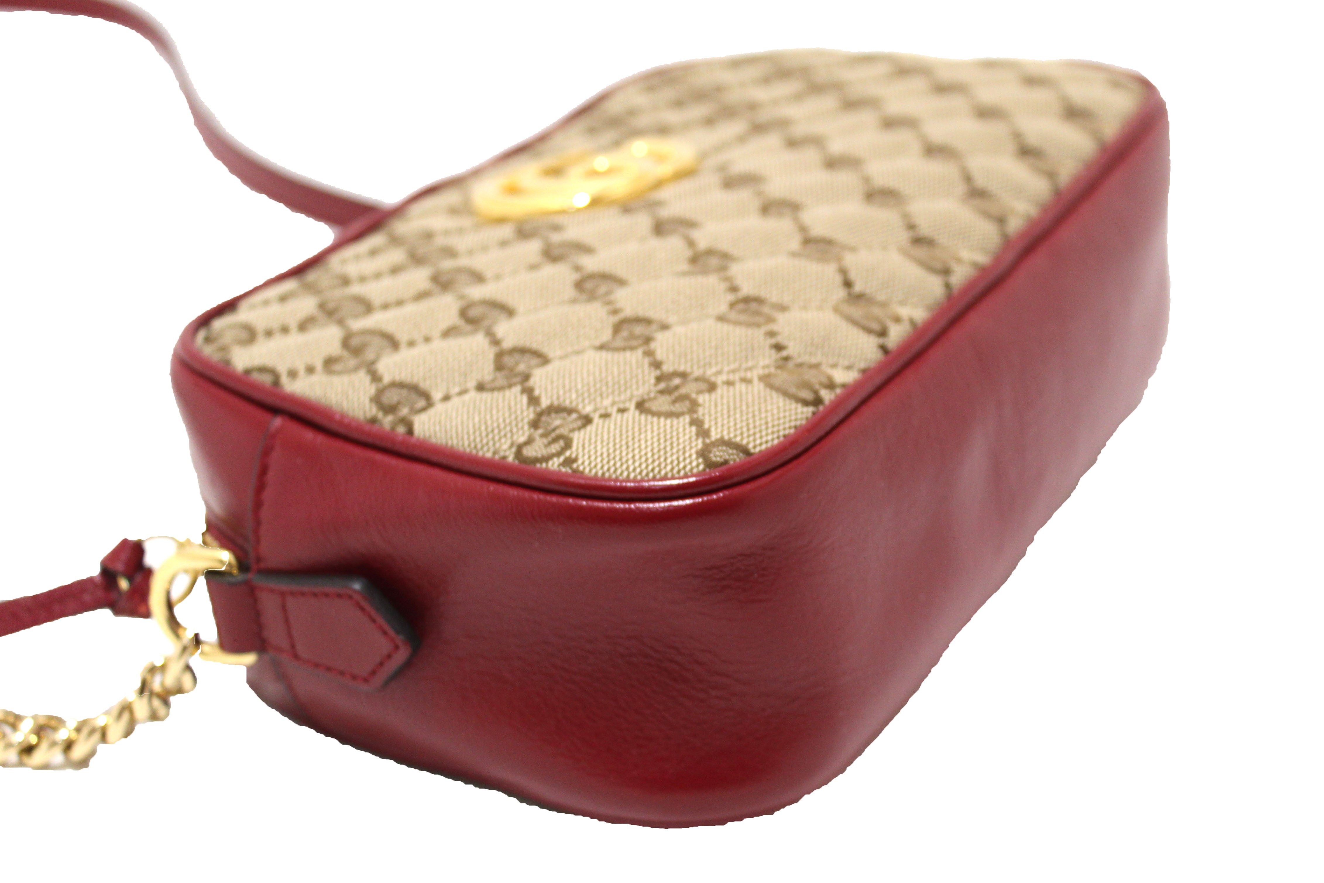 Authentic Gucci Marmont Brown GG Canvas with Red Leather Camera Crossbody Bag