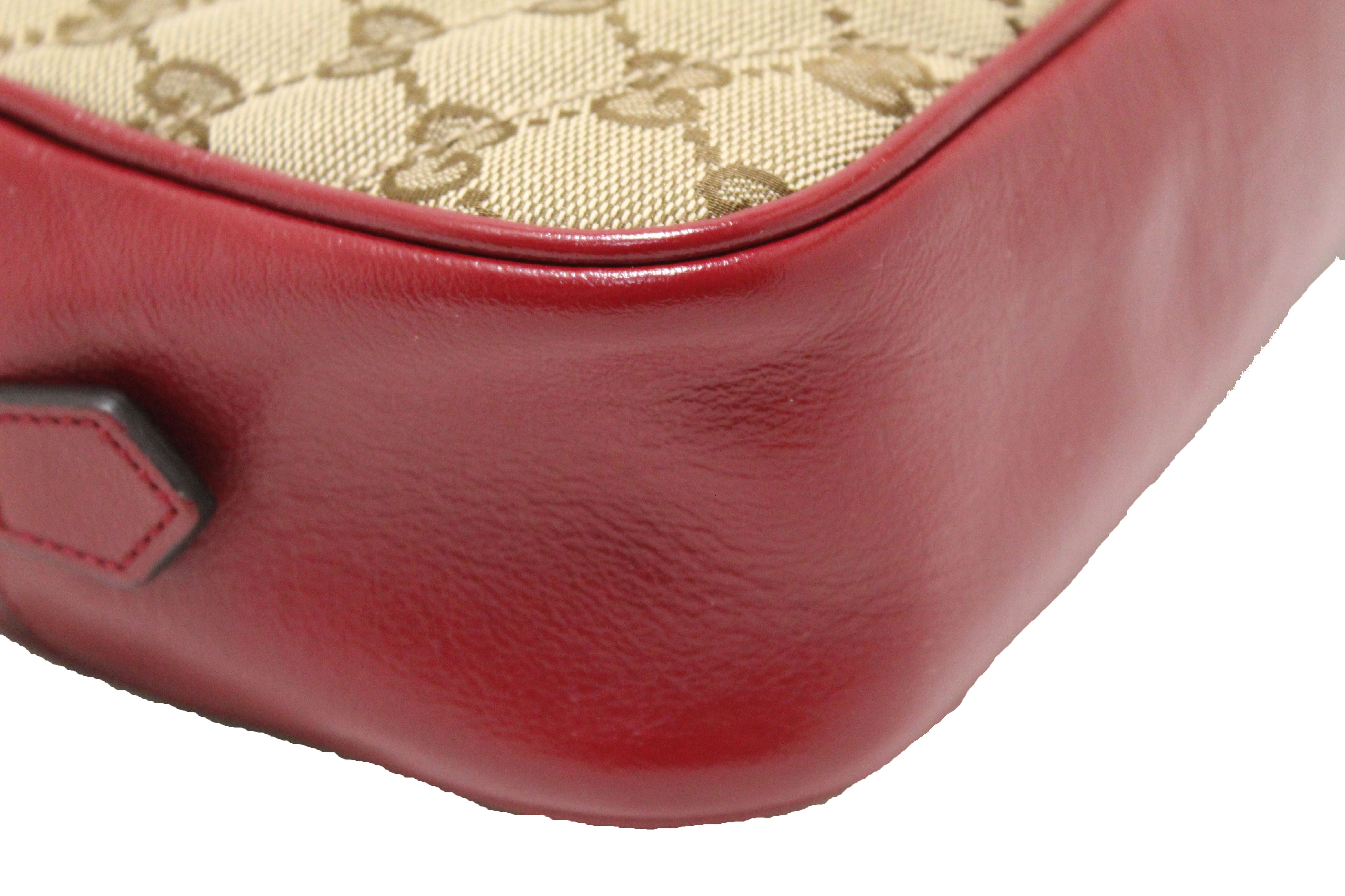 Authentic Gucci Marmont Brown GG Canvas with Red Leather Camera Crossbody Bag