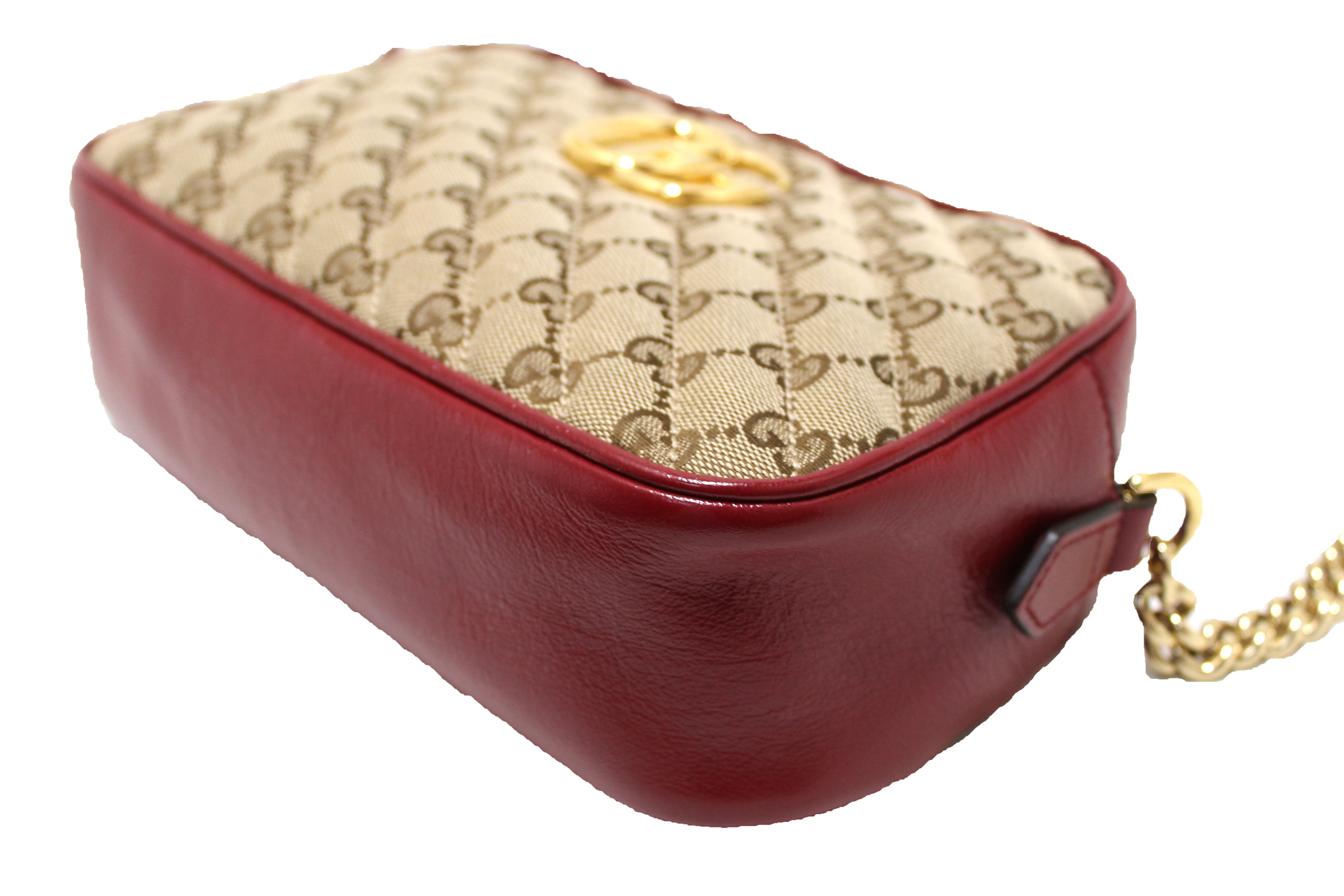Authentic Gucci Marmont Brown GG Canvas with Red Leather Camera Crossbody Bag
