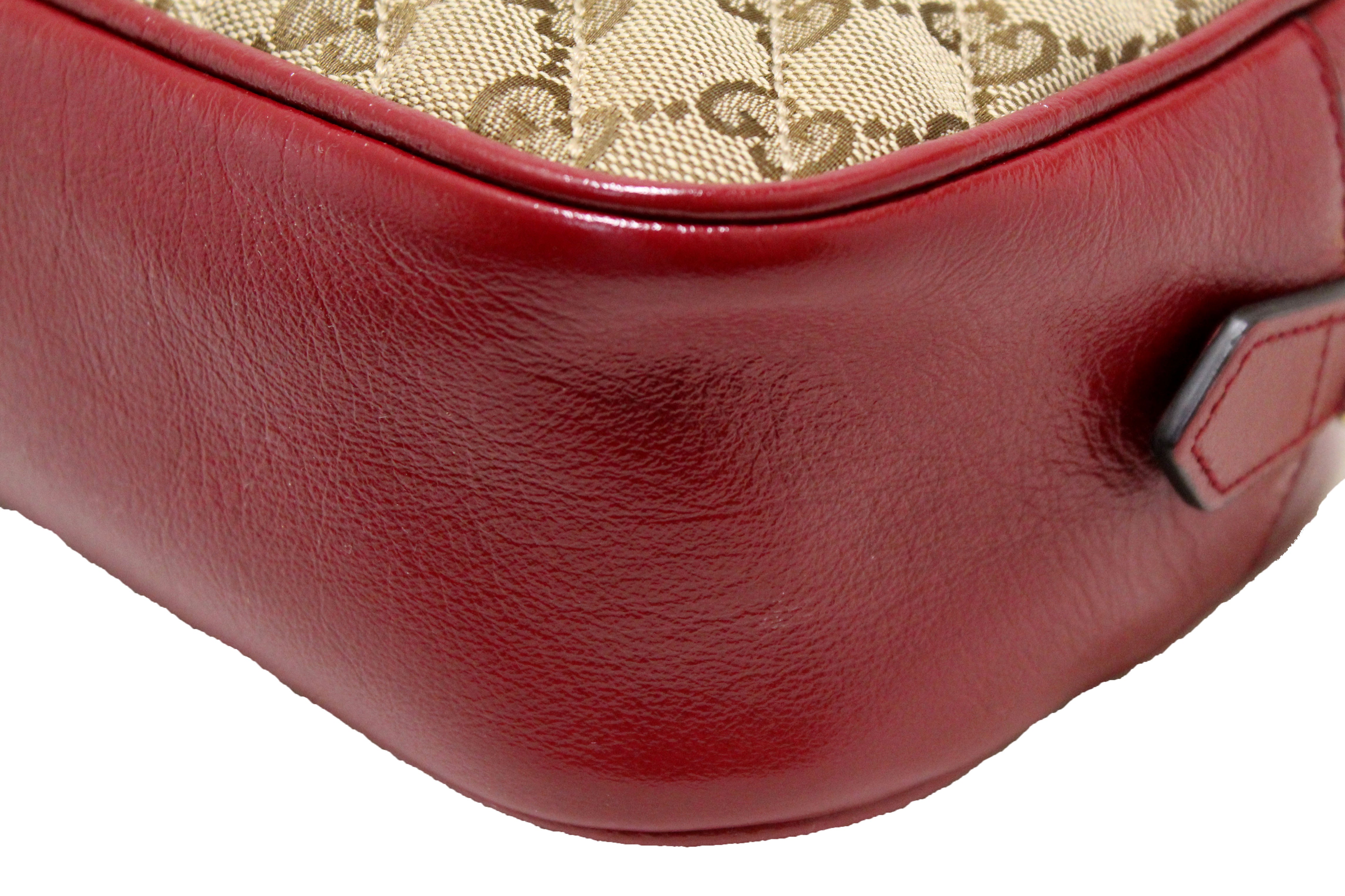 Authentic Gucci Marmont Brown GG Canvas with Red Leather Camera Crossbody Bag