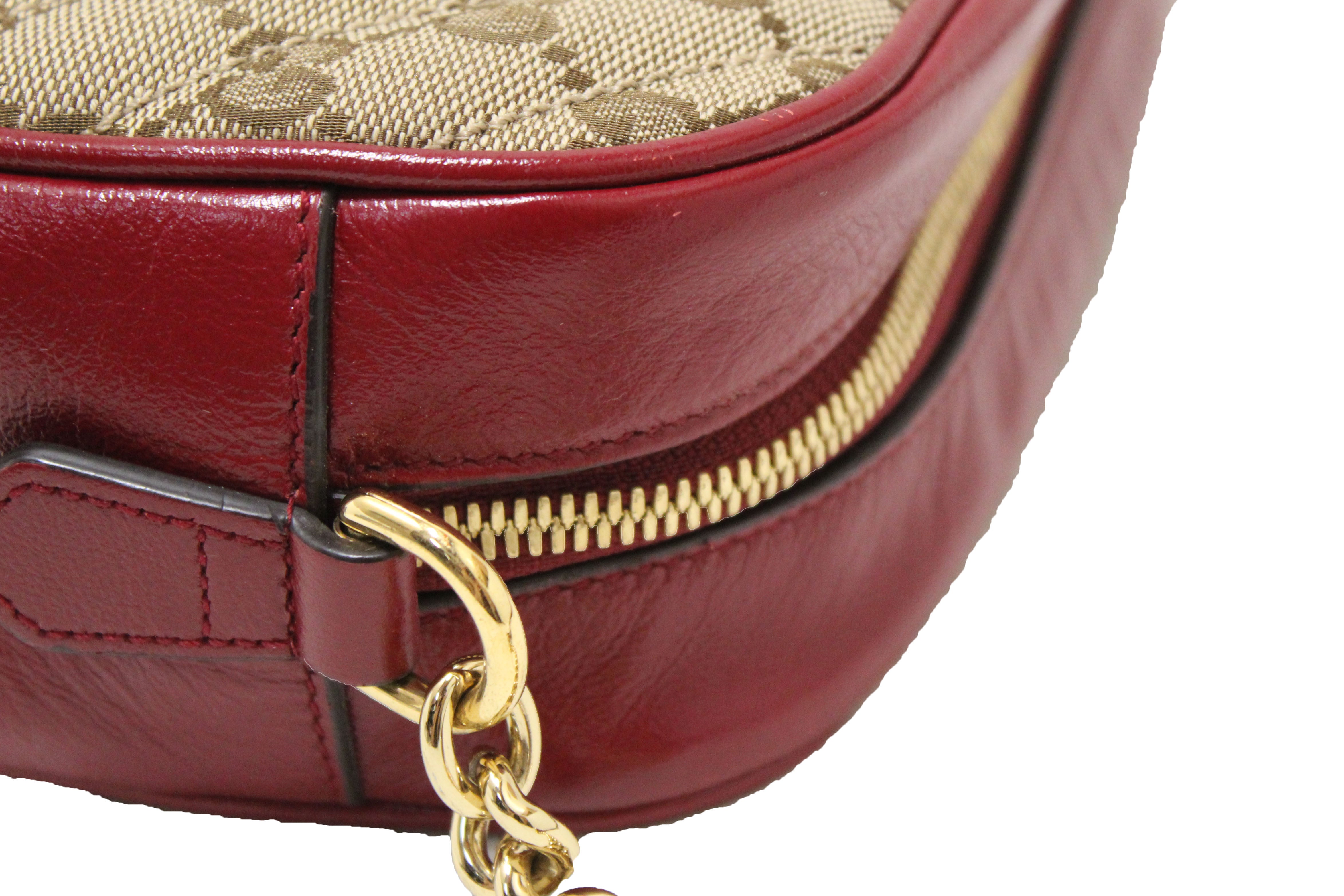 Authentic Gucci Marmont Brown GG Canvas with Red Leather Camera Crossbody Bag